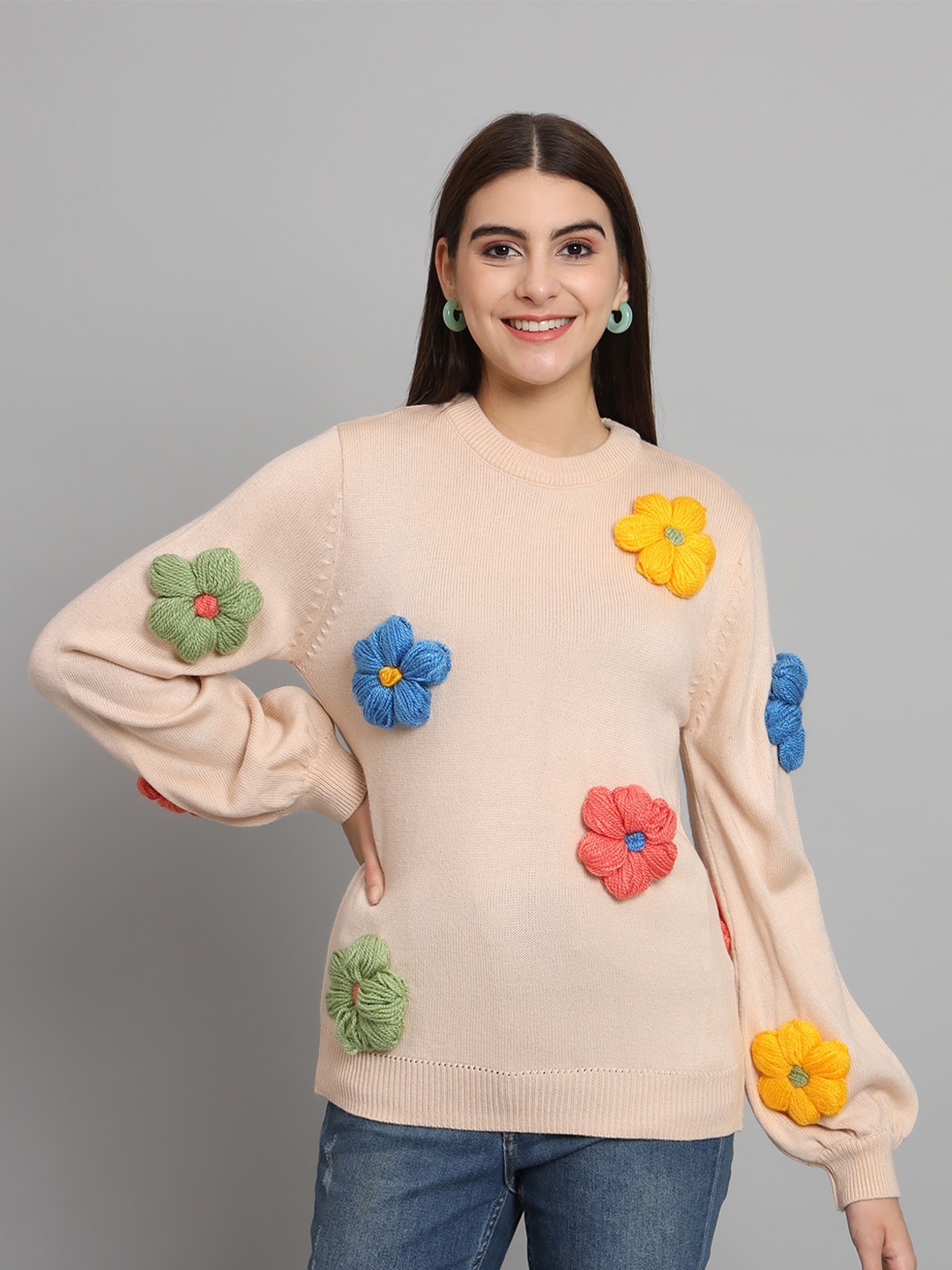 

The Dry State Floral Embroidered Pullover Acrylic Sweater, Beige