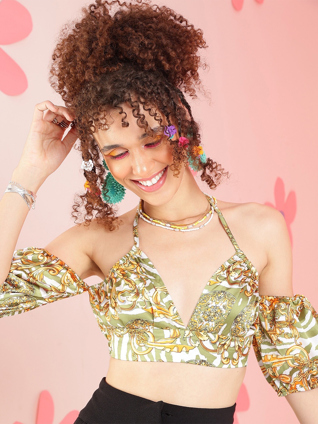 

PRETTY LOVING THING Print V-Neck Bralette Crop Top, Green