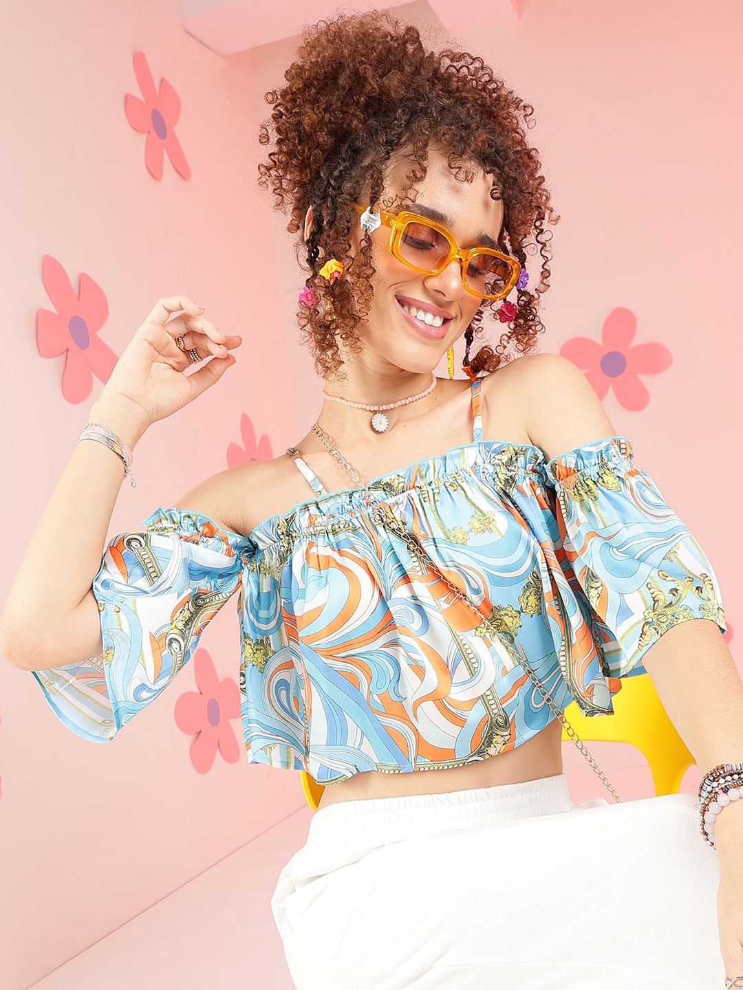 

PRETTY LOVING THING Floral Printed Off-Shoulder Flared Sleeve Crop Top, Blue