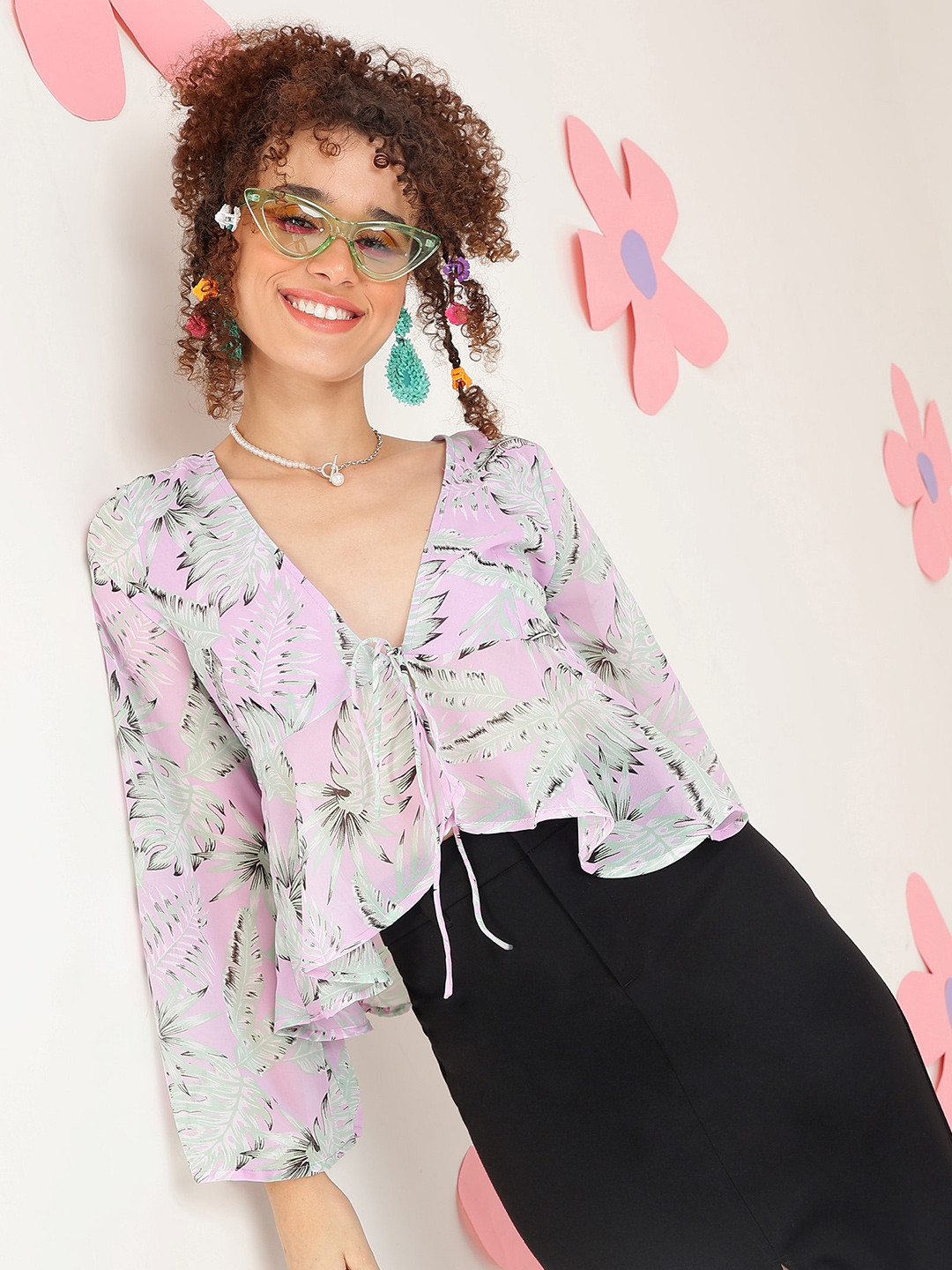 

PRETTY LOVING THING Floral Print Bell Sleeve Top, Purple
