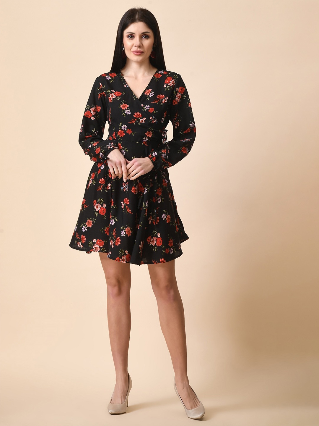 

HERE&NOW Floral Printed V-Neck Wrap Dress, Black