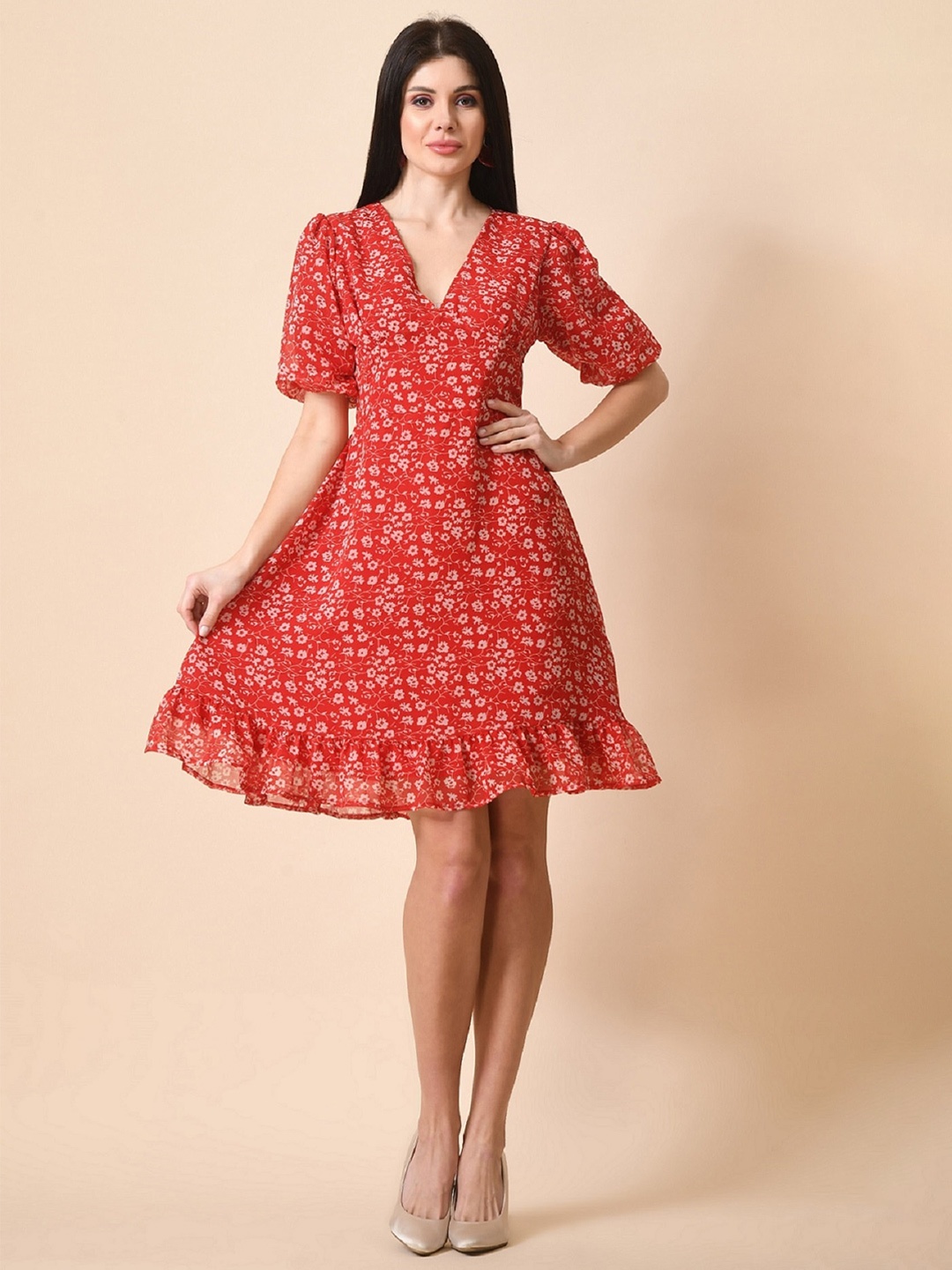

HERE&NOW Floral Printed V-Neck Puff Sleeve Chiffon Empire Dress, Red