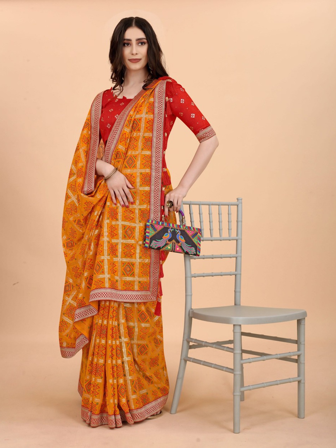 

Avojee Bandhani Printed Saree, Yellow