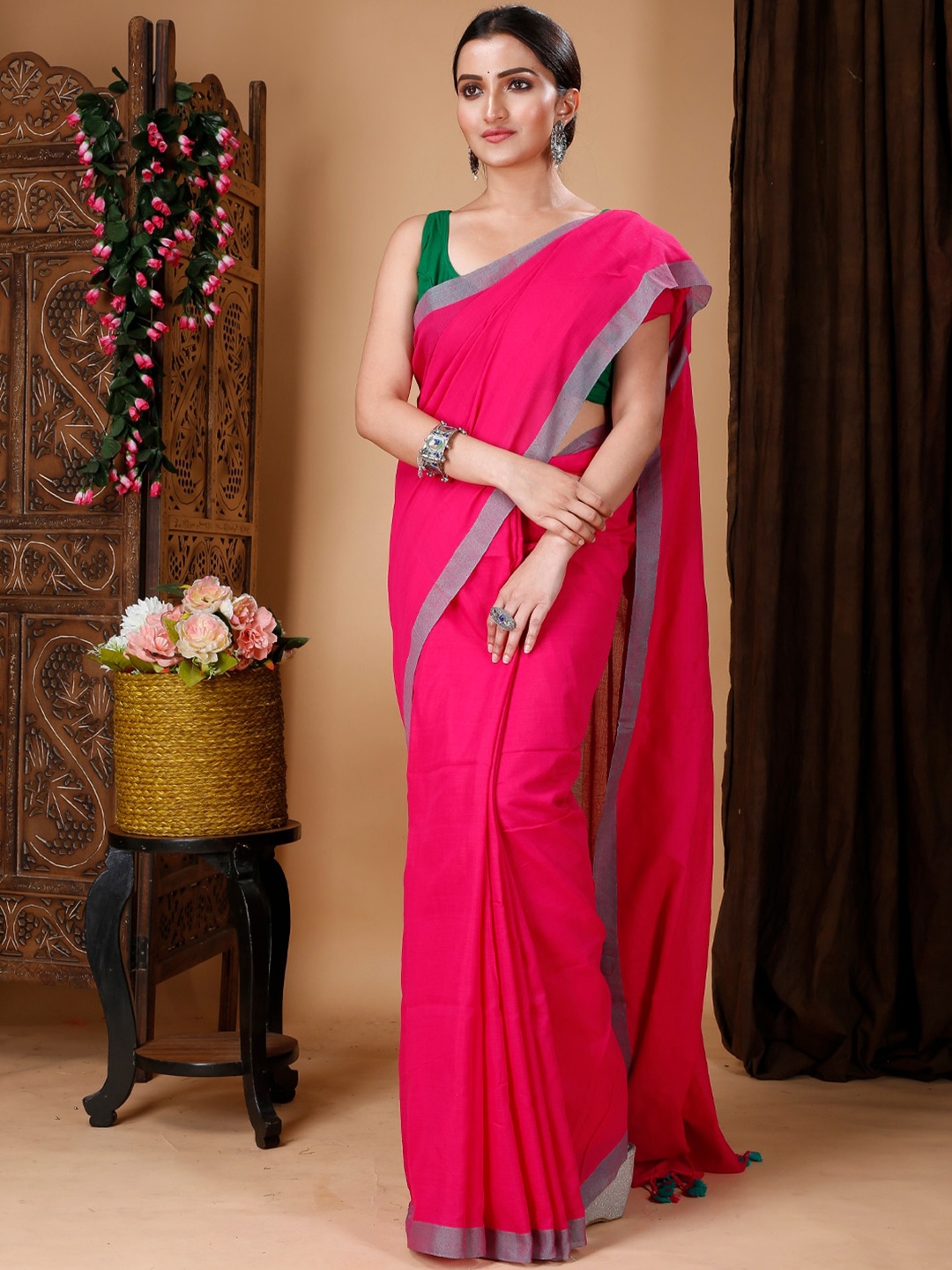

Ruuprekha Pure Cotton Khadi Saree with Tassels, Pink