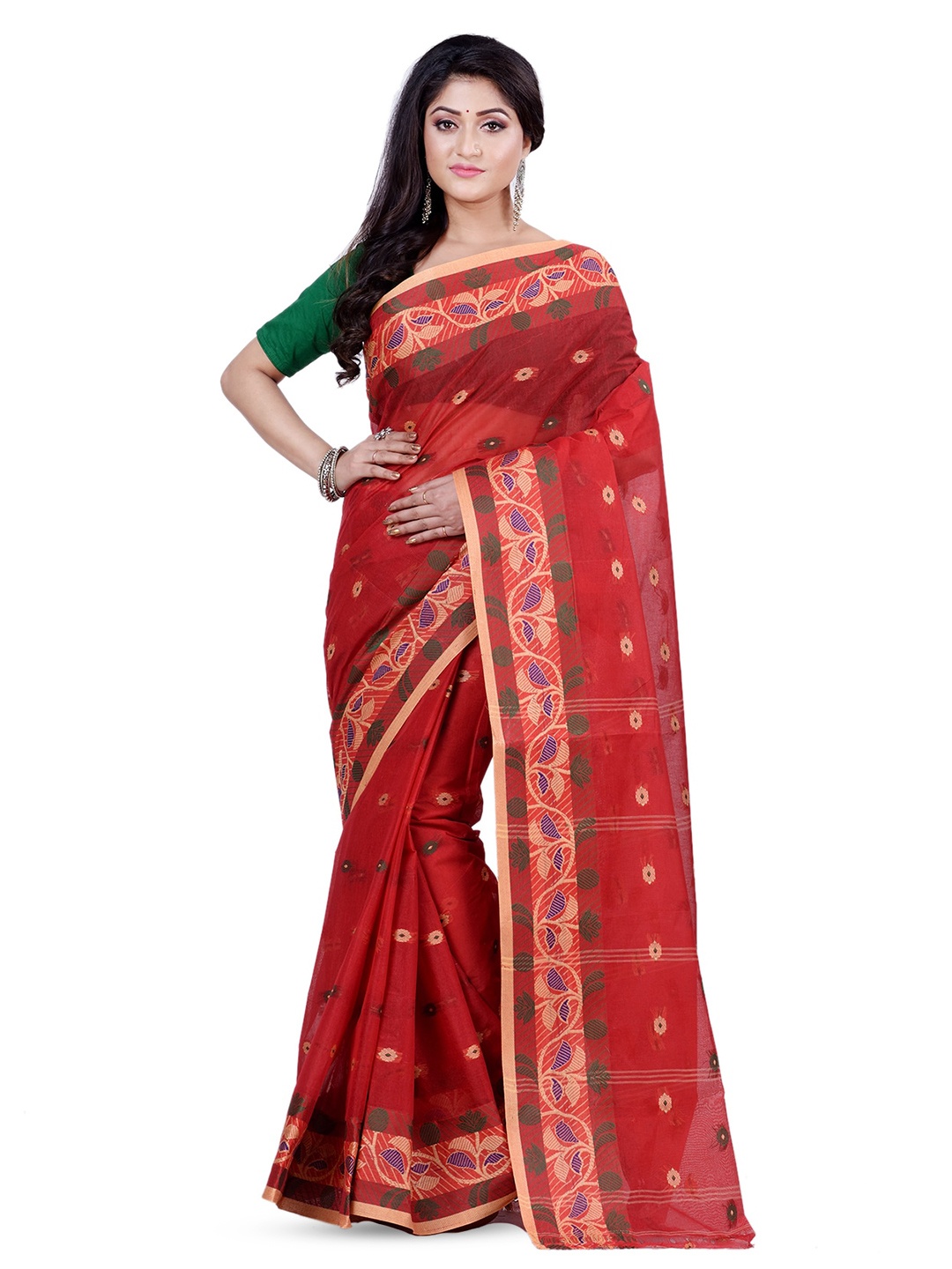 

Ruuprekha Ethnic Motifs Woven Design Zari Pure Cotton Taant Saree, Red