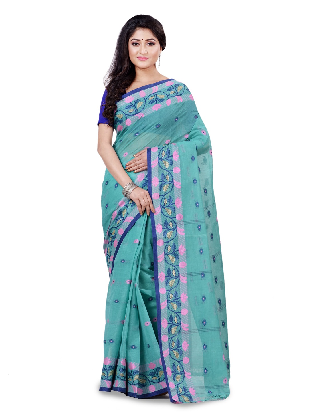 

Ruuprekha Floral Woven Design Pure Cotton Taant Saree, Sea green