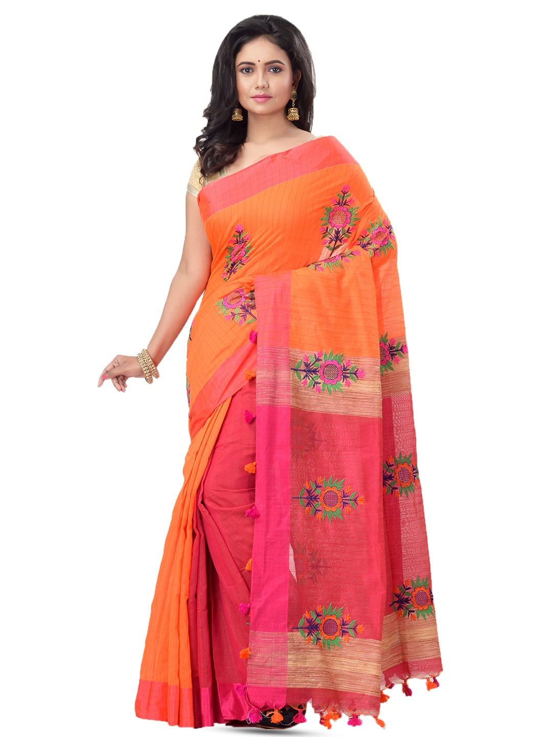 

Ruuprekha Floral Embroidered Silk Cotton Half and Half Tussar Saree, Orange