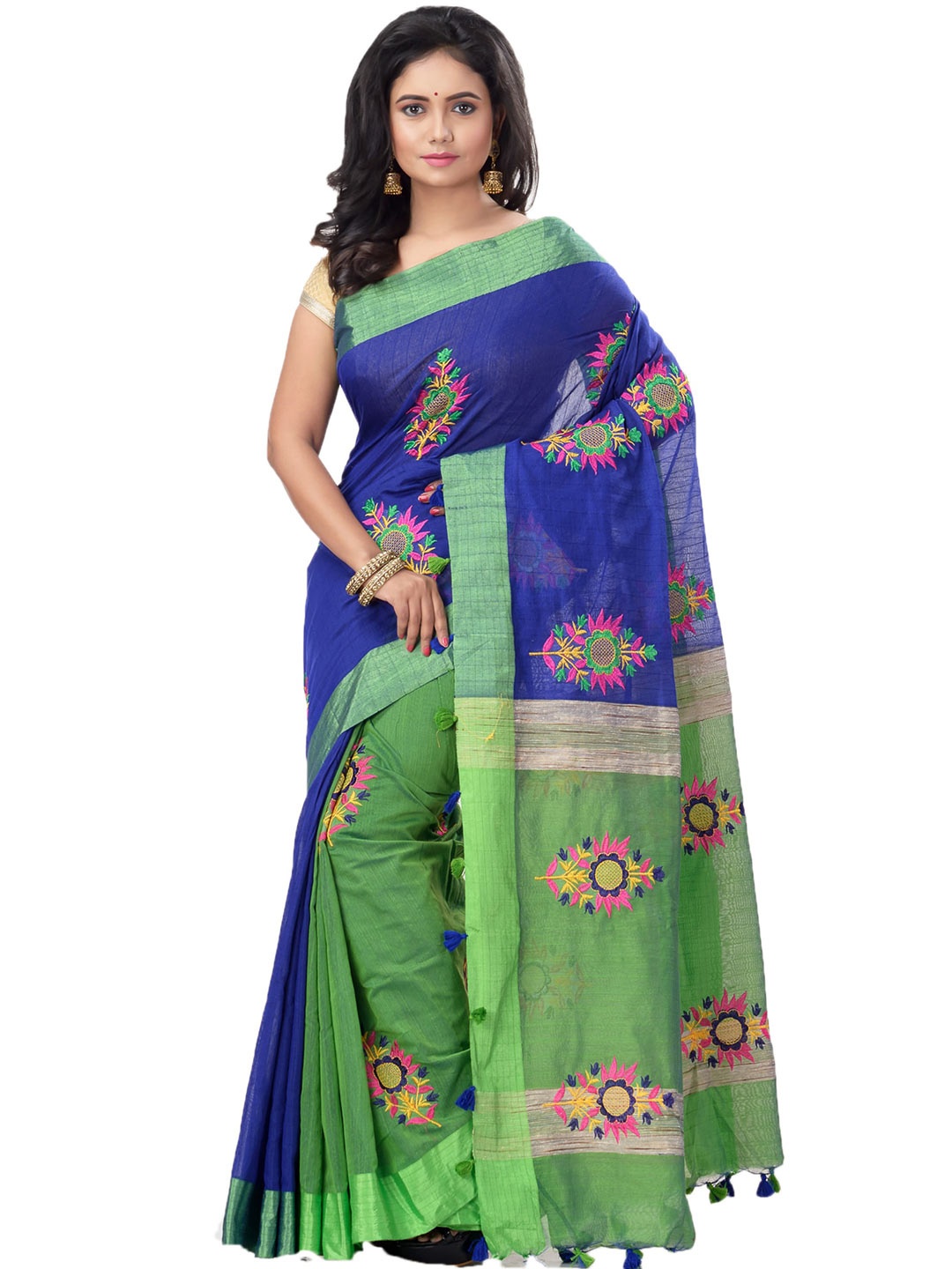 

Ruuprekha Floral Embroidered Cotton Silk Tussar Saree, Blue