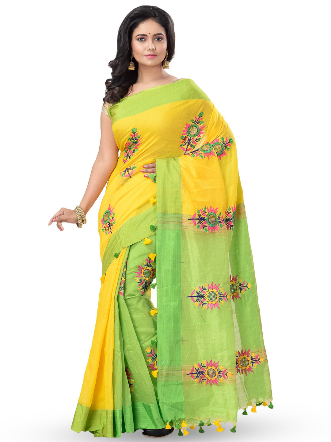 

Ruuprekha Ethnic Motifs Embroidered Silk Cotton Tussar Saree, Yellow