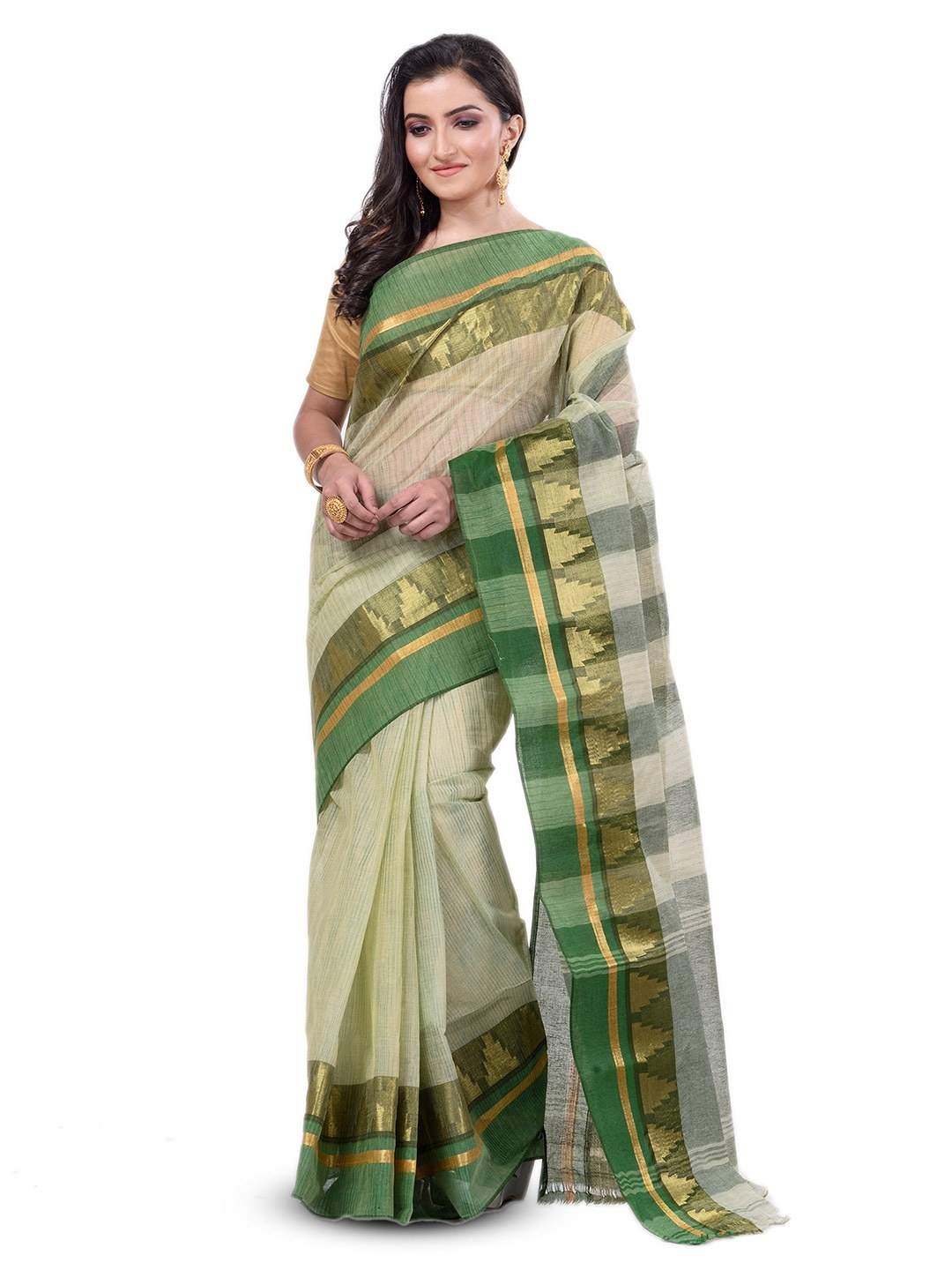 

Ruuprekha Striped Zari Pure Cotton Taant Saree, Green