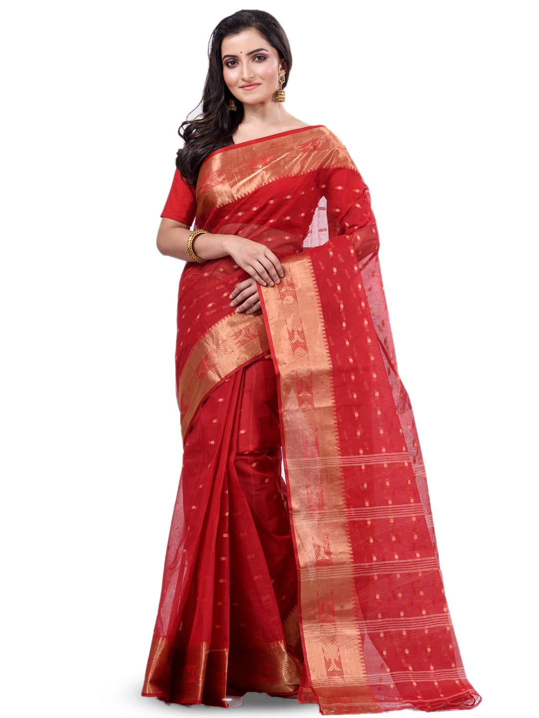 

Ruuprekha Ethnic Motifs Woven Design Zari Pure Cotton Taant Saree, Red