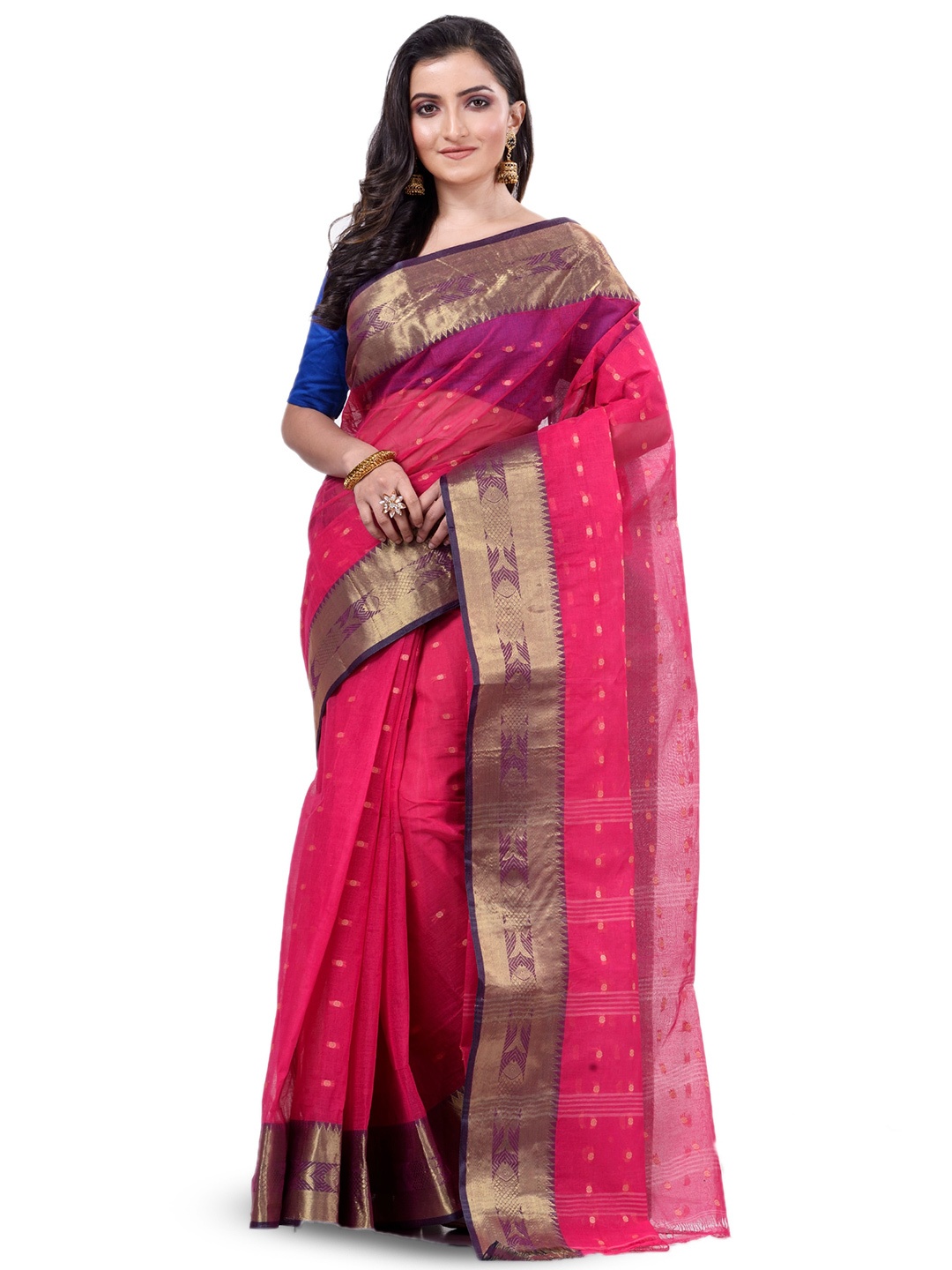 

Ruuprekha Ethnic Motifs Woven Design Zari Pure Cotton Taant Saree, Pink