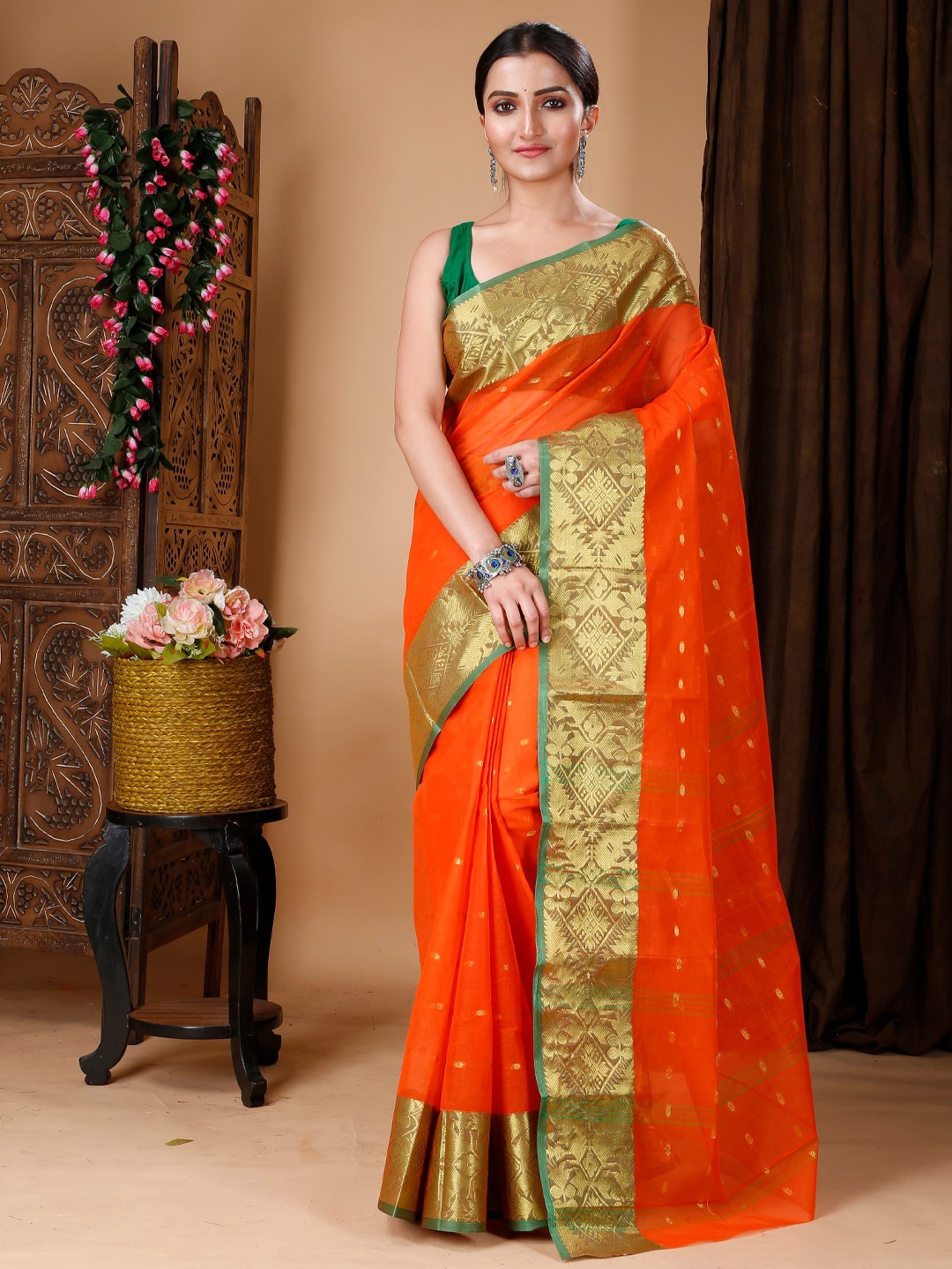 

Ruuprekha Ethnic Motifs Woven Design Zari Pure Cotton Taant Saree, Orange