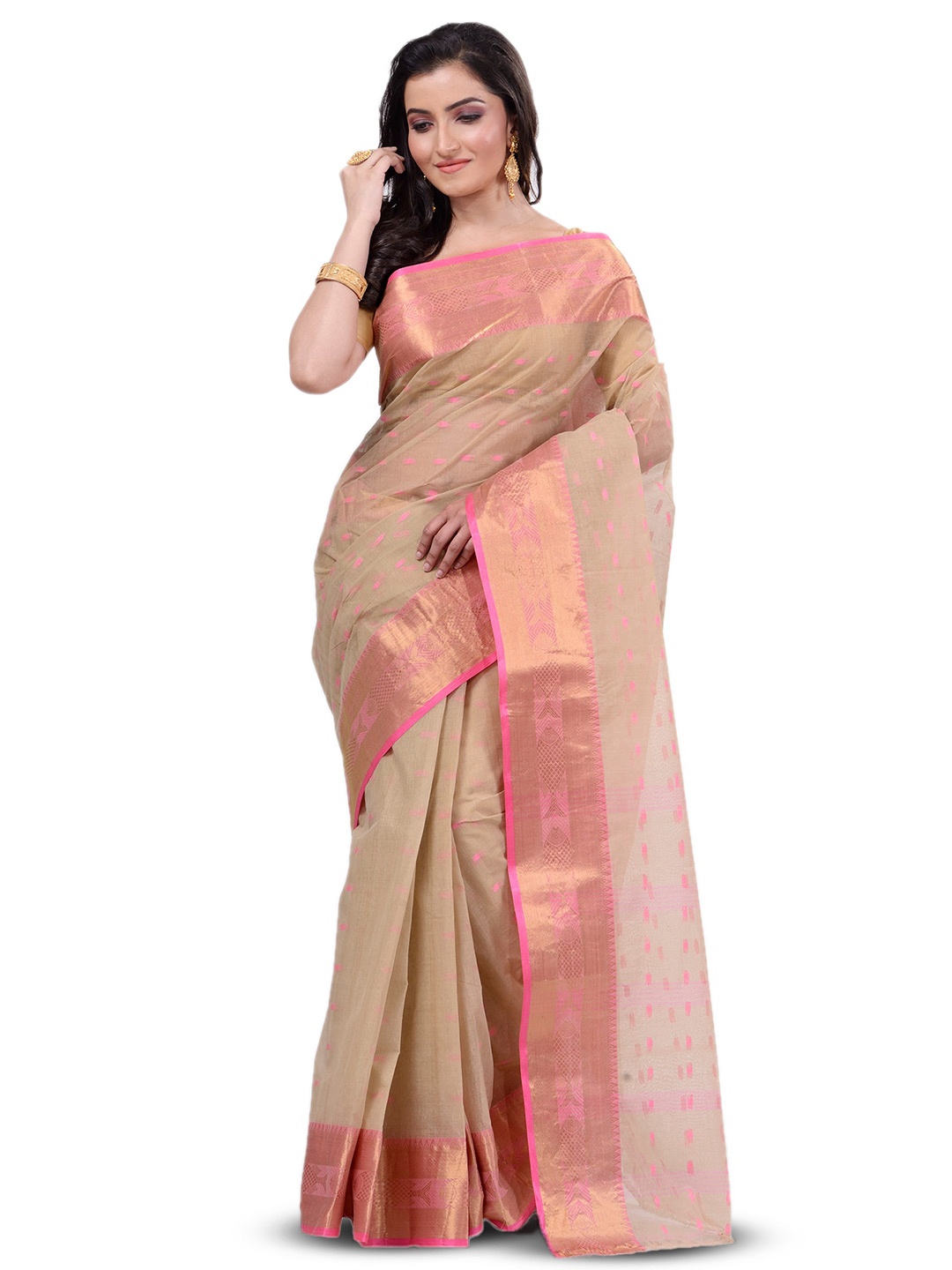 

Ruuprekha Woven Design Zari Pure Cotton Taant Saree, White