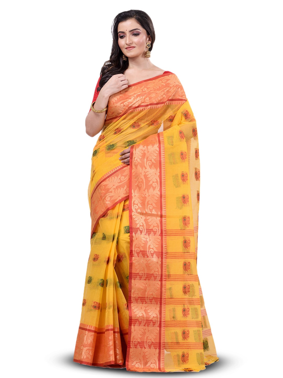 

Ruuprekha Woven Design Zari Pure Cotton Taant Saree, Yellow