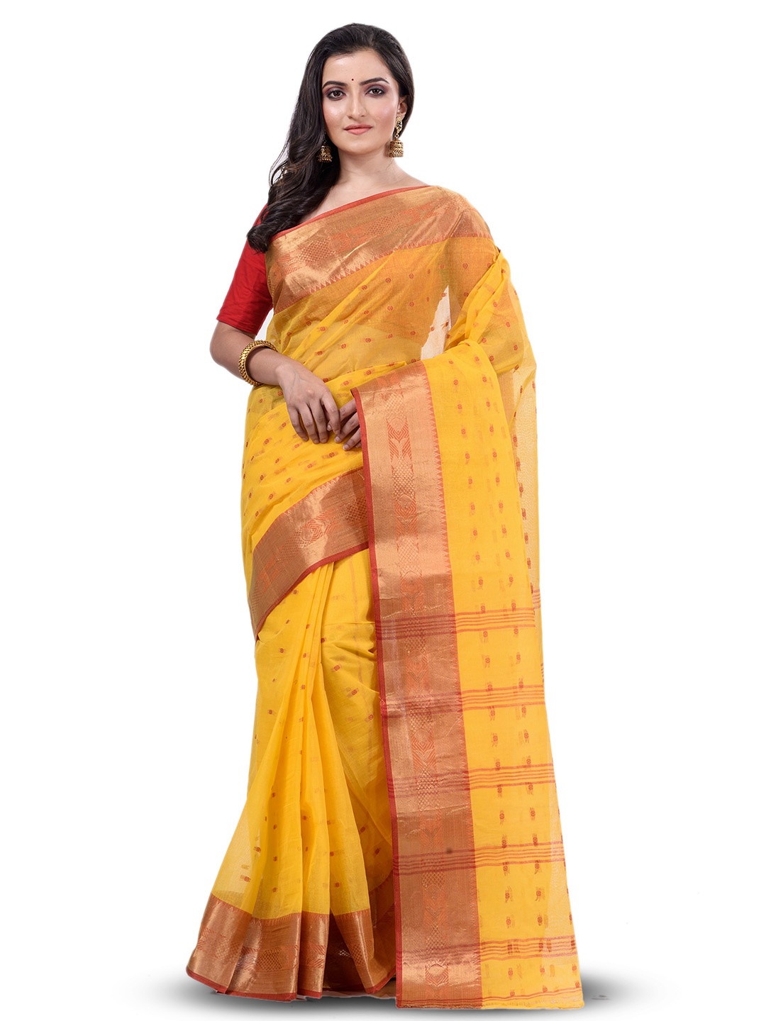 

Ruuprekha Woven Design Zari Pure Cotton Taant Saree, Yellow