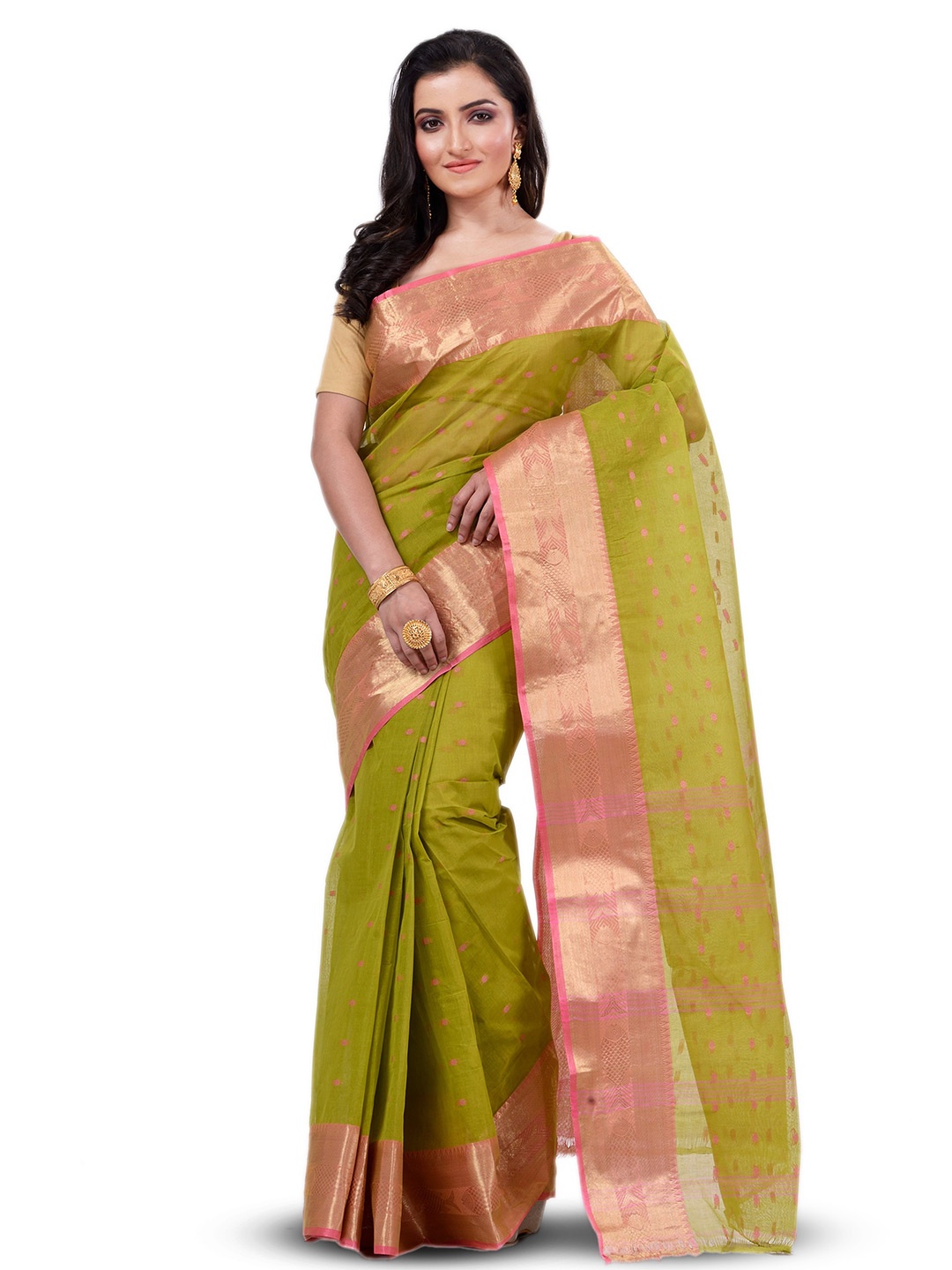 

Ruuprekha Woven Design Zari Pure Cotton Taant Saree, Olive