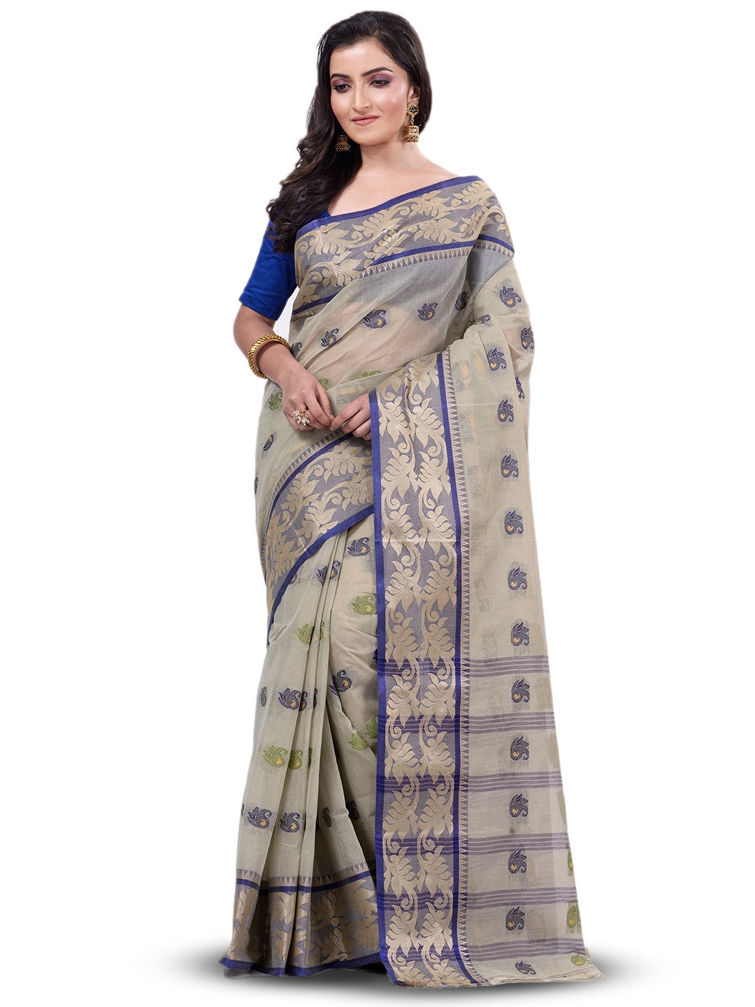 

Ruuprekha Woven Design Zari Pure Cotton Taant Saree, Silver