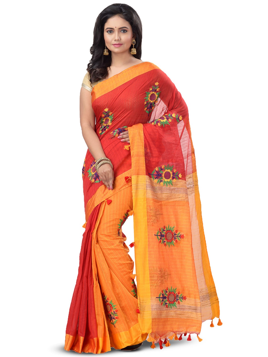 

Ruuprekha Floral Silk Cotton Half and Half Tussar Saree, Red