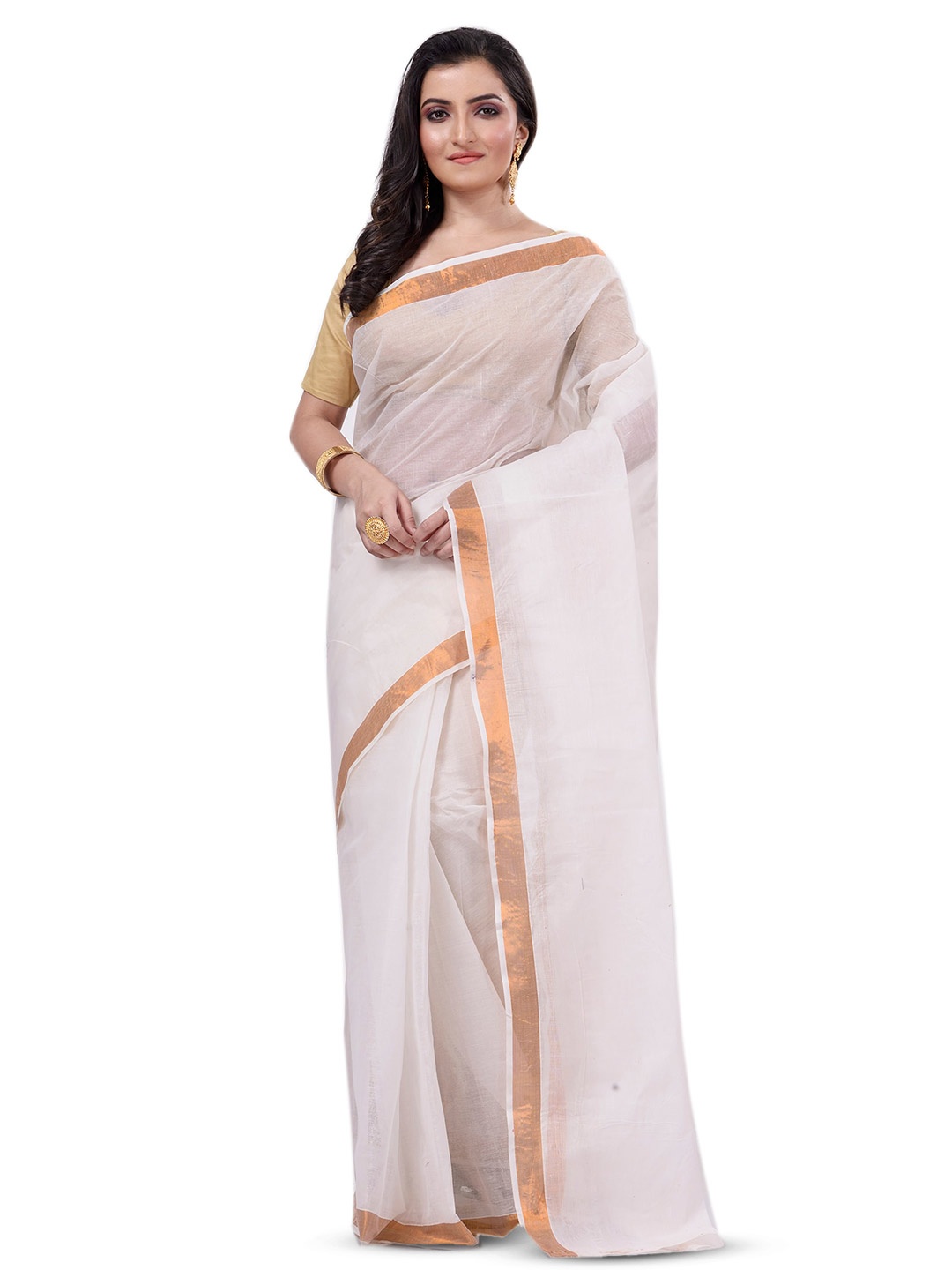 

Ruuprekha Zari Pure Cotton Taant Saree, White