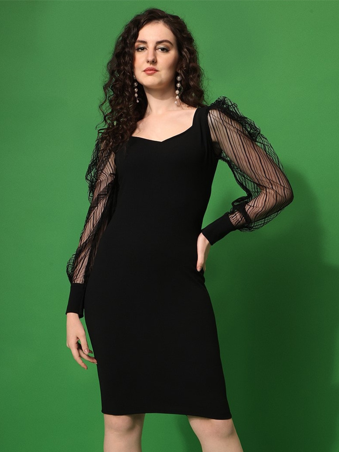 

Urban Komfort Puff Sleeves Above Knee Bodycon Dress, Black