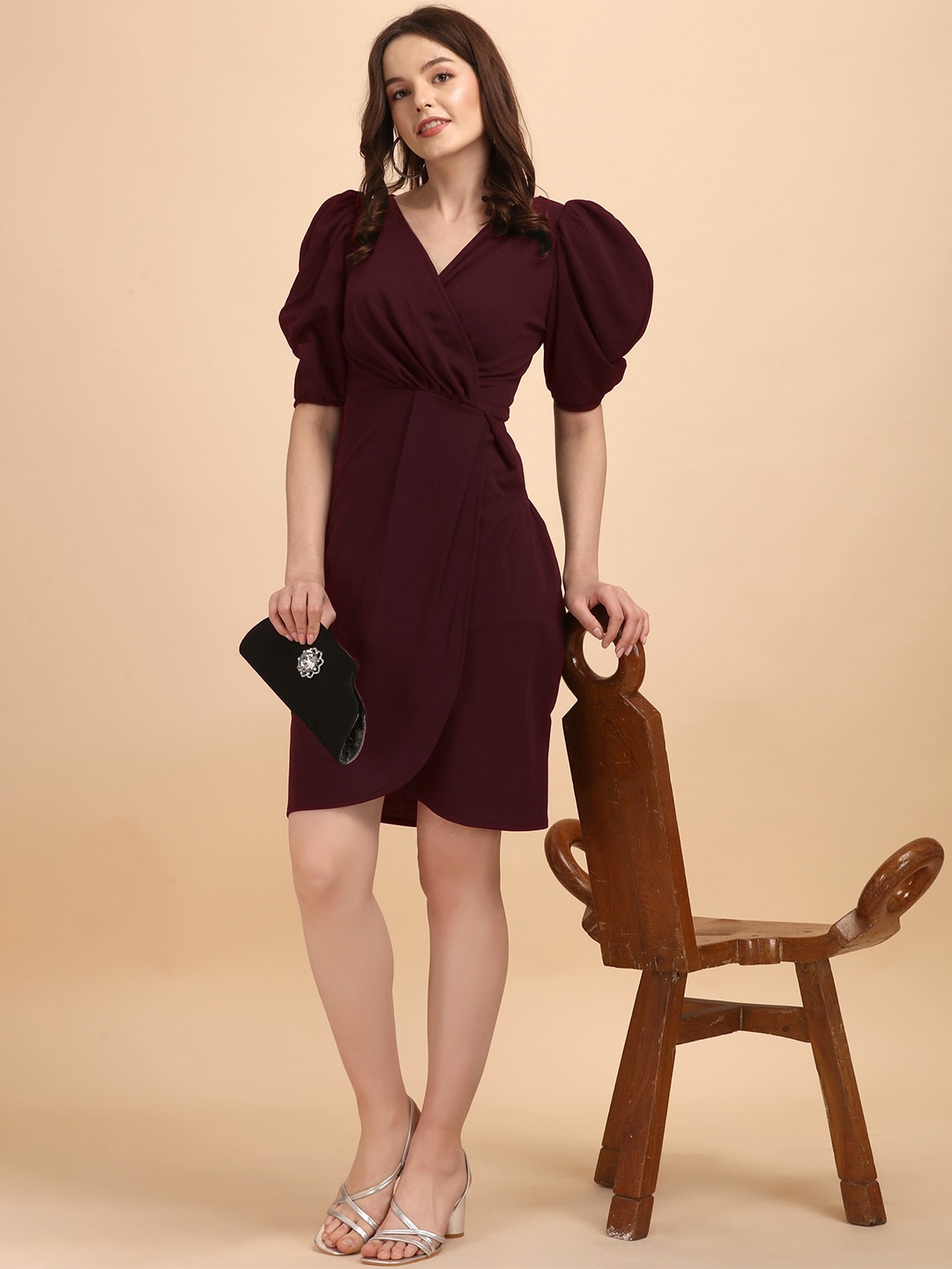 

Urban Komfort V Neck Puff Sleeves Above Knee Wrap Dress, Maroon