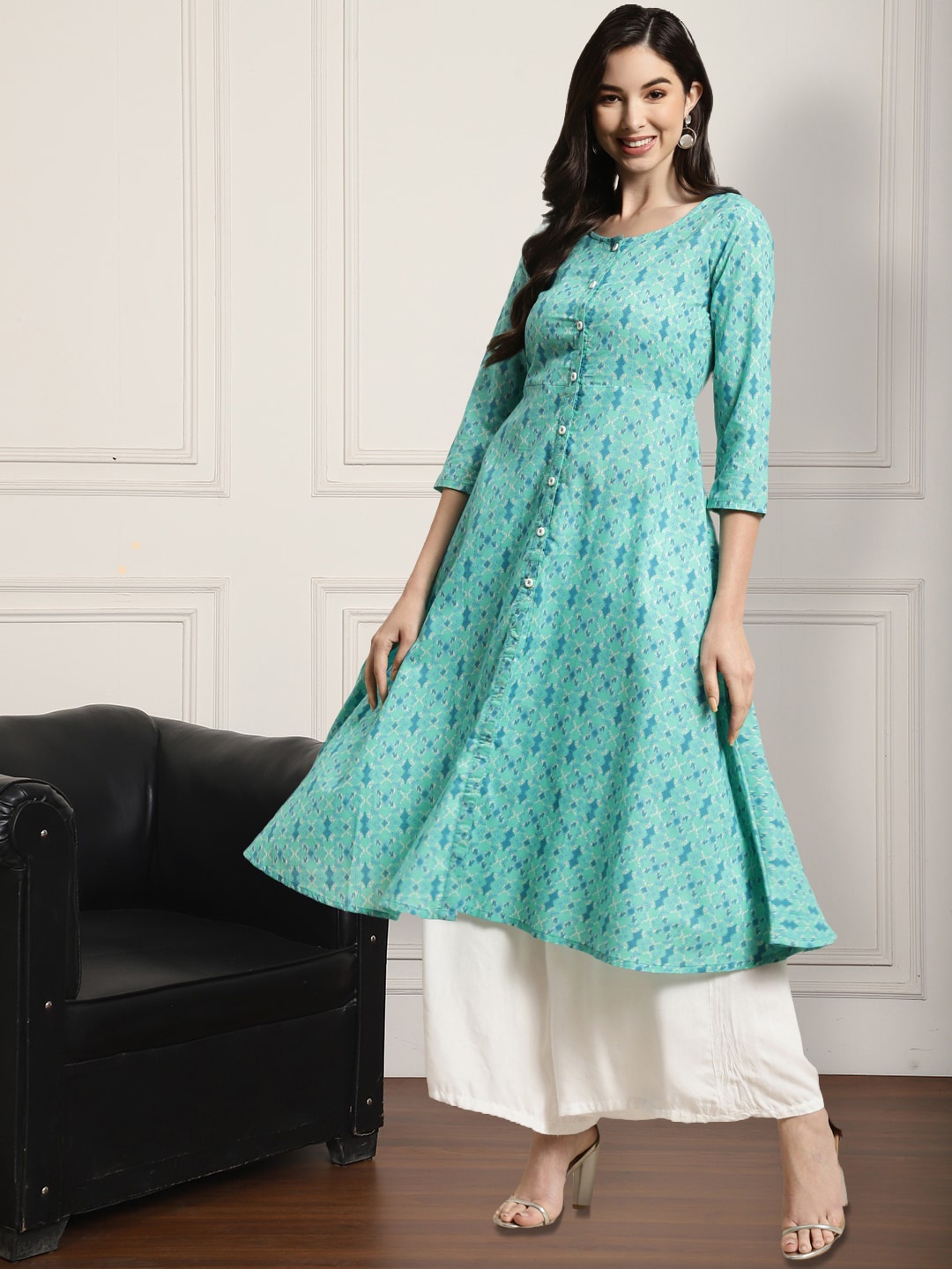 

Anouk Ethnic Motifs Printed Round Neck Cotton Flared A-Line Kurta, Green
