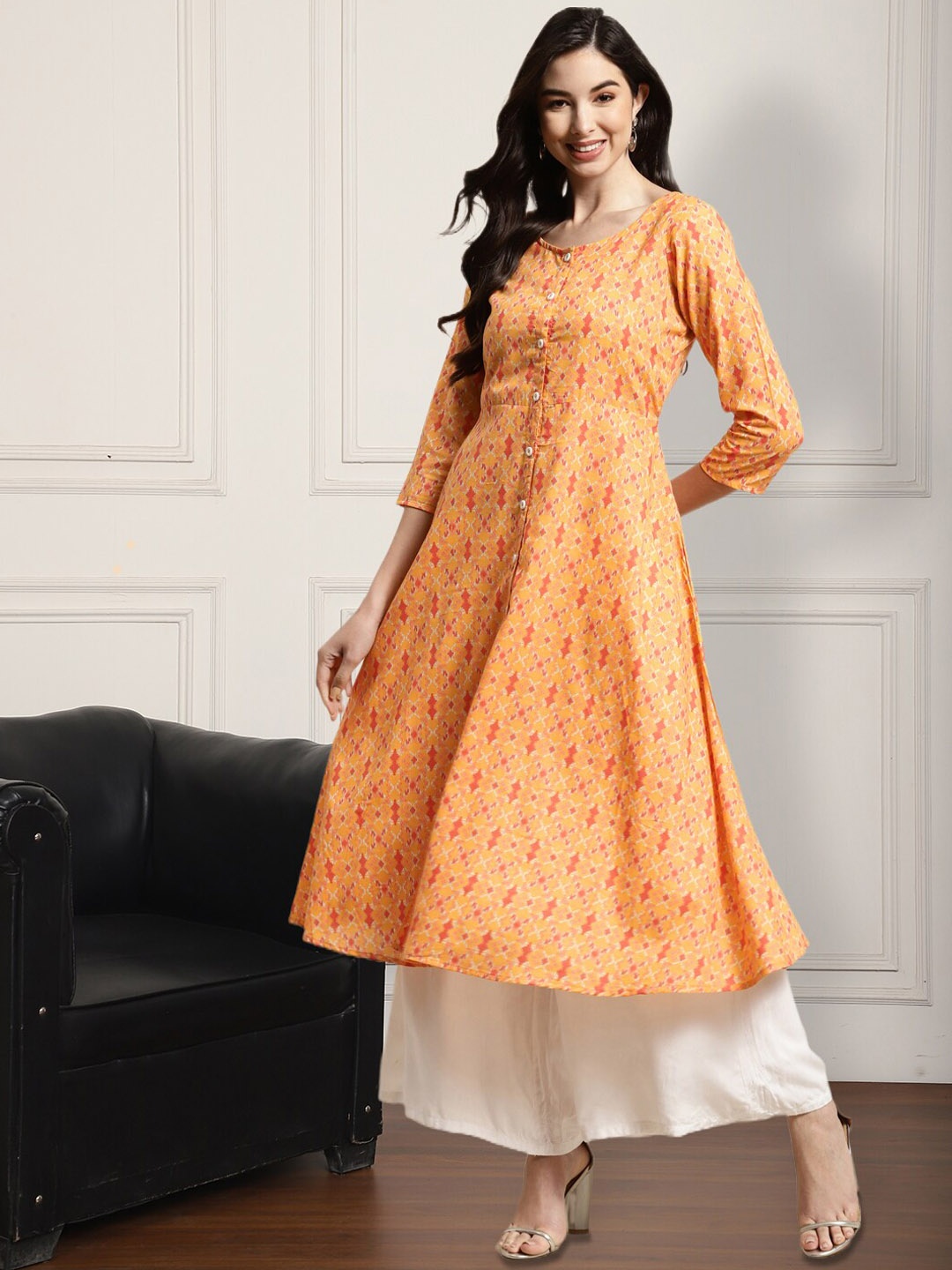 

Anouk Yellow & Orange Ethnic Motifs Printed Anarkali Pure Cotton Kurta