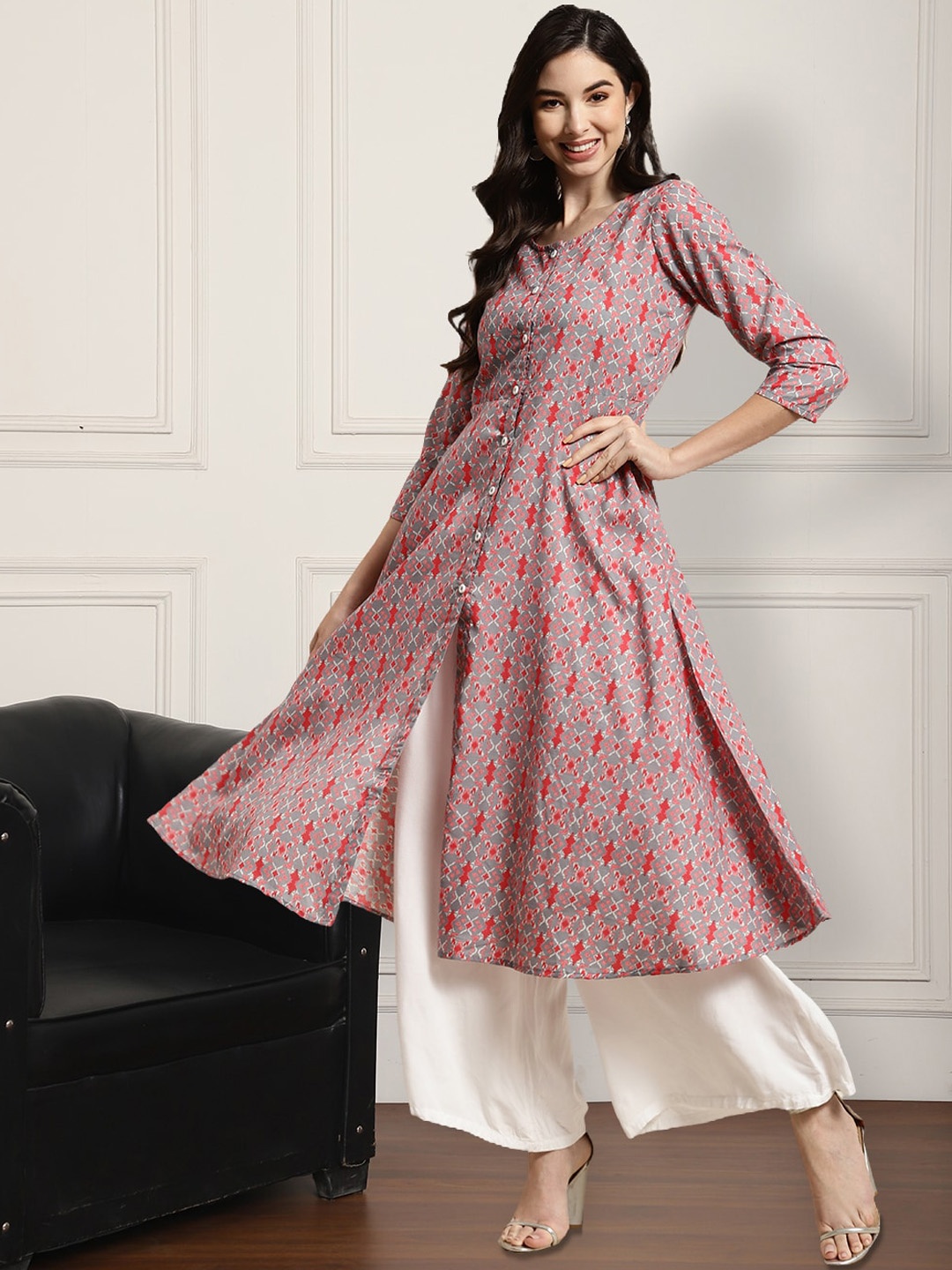 

Anouk Grey & Red Ethnic Motifs Printed A-Line Pure Cotton Kurta