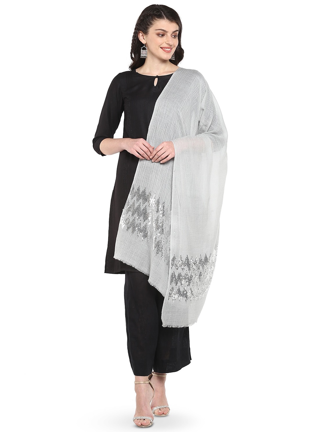 

Rhe-Ana Embroidered Dupatta With Sequinned, Silver