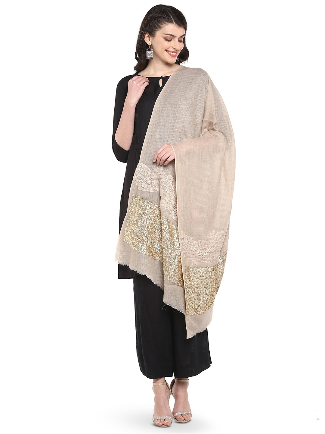 

Rhe-Ana Self Design and Sequinned Woollen Stole, Beige