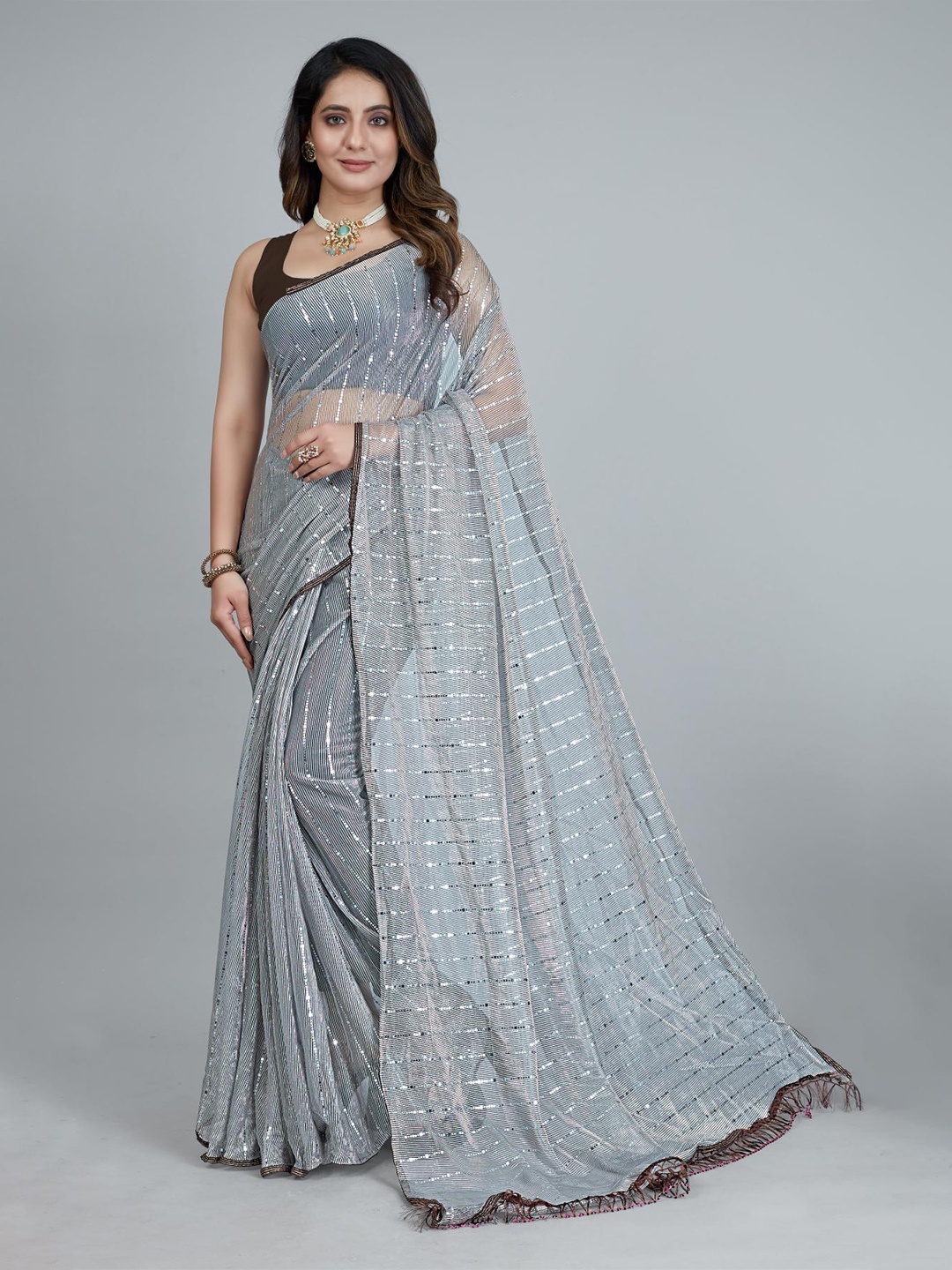 

NIKCHI HUB Striped Sequinned Art Silk Saree, Grey