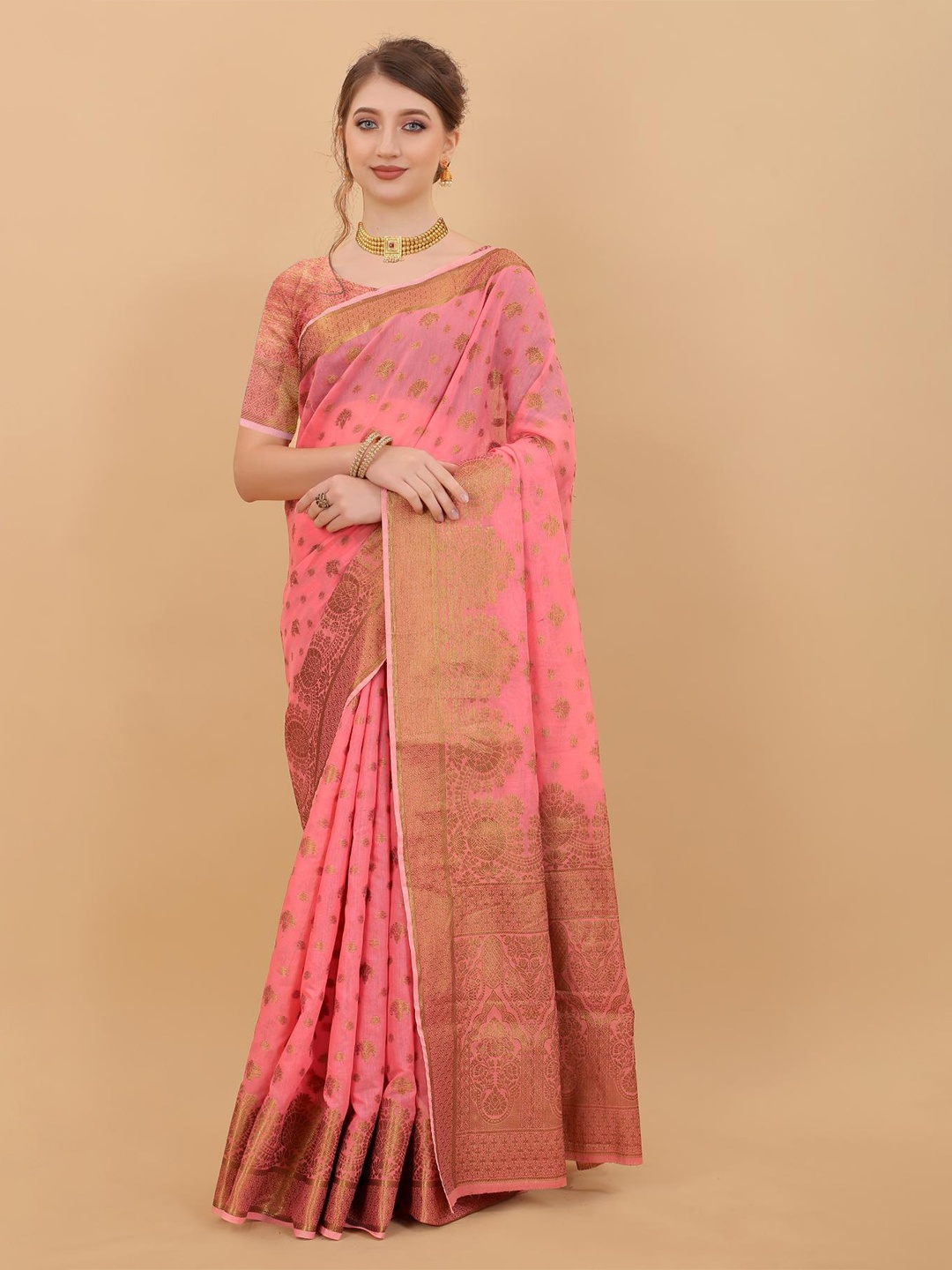 

NIKCHI HUB Woven Design Zari Art Silk Tussar Saree, Pink