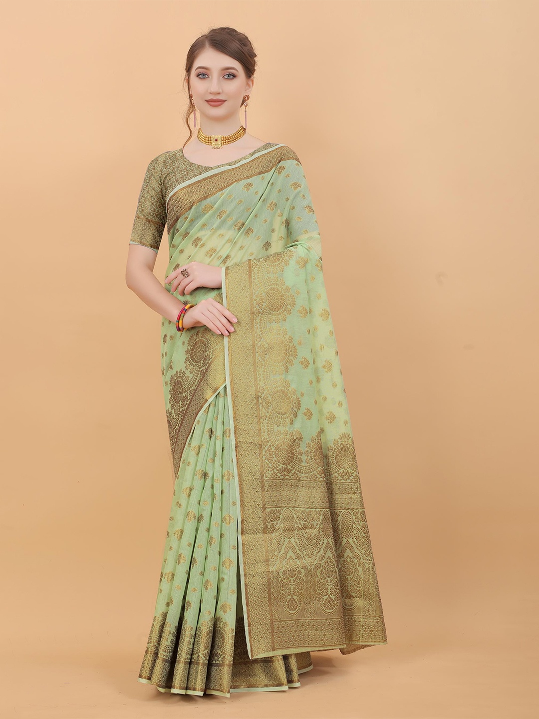 

NIKCHI HUB Woven Design Zari Art Silk Tussar Saree, Green