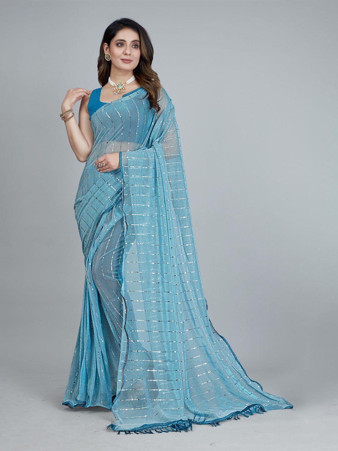 

NIKCHI HUB Striped Sequinned Art Silk Saree, Turquoise blue