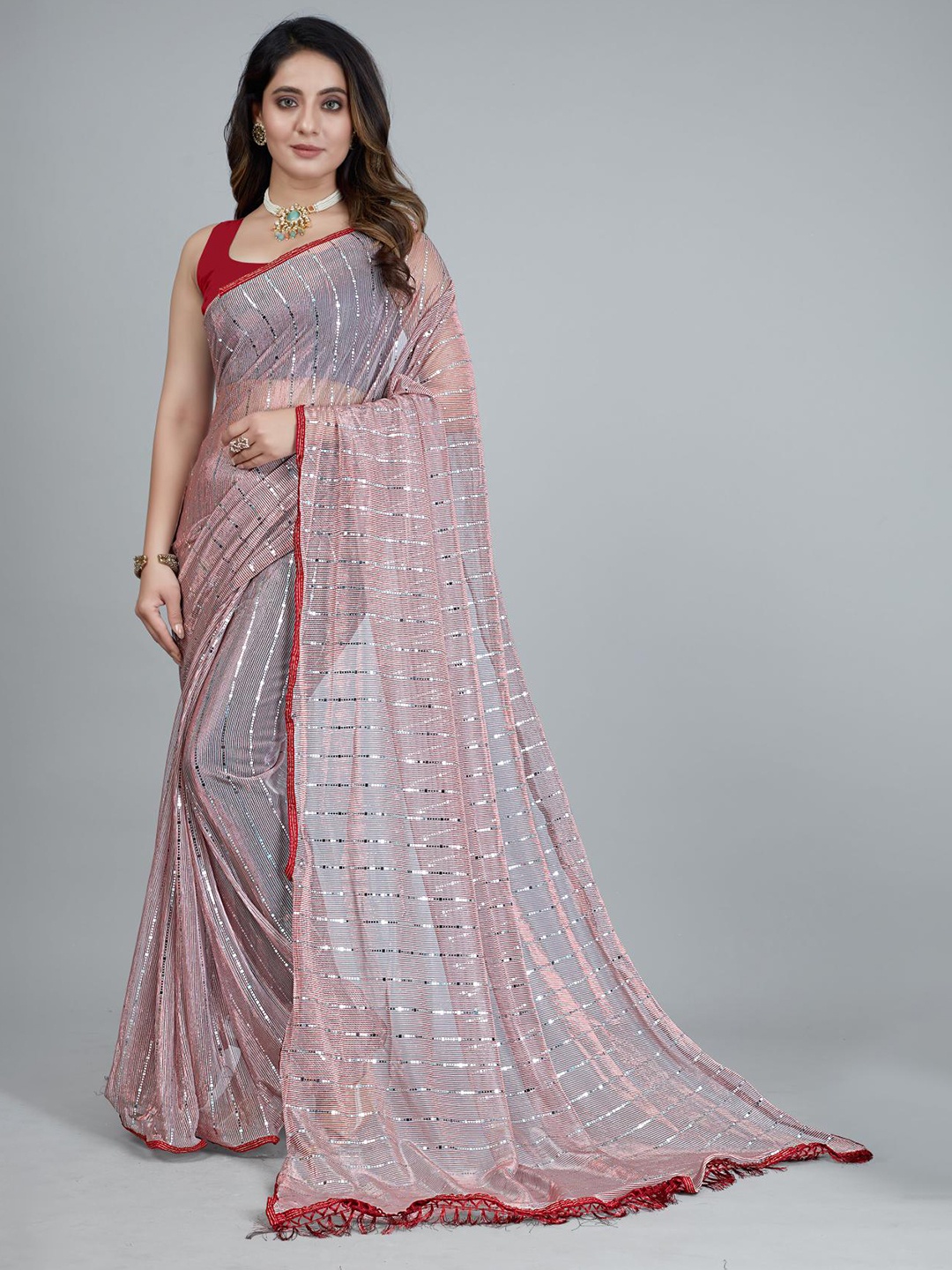 

NIKCHI HUB Striped Sequinned Art Silk Tussar Saree, Maroon