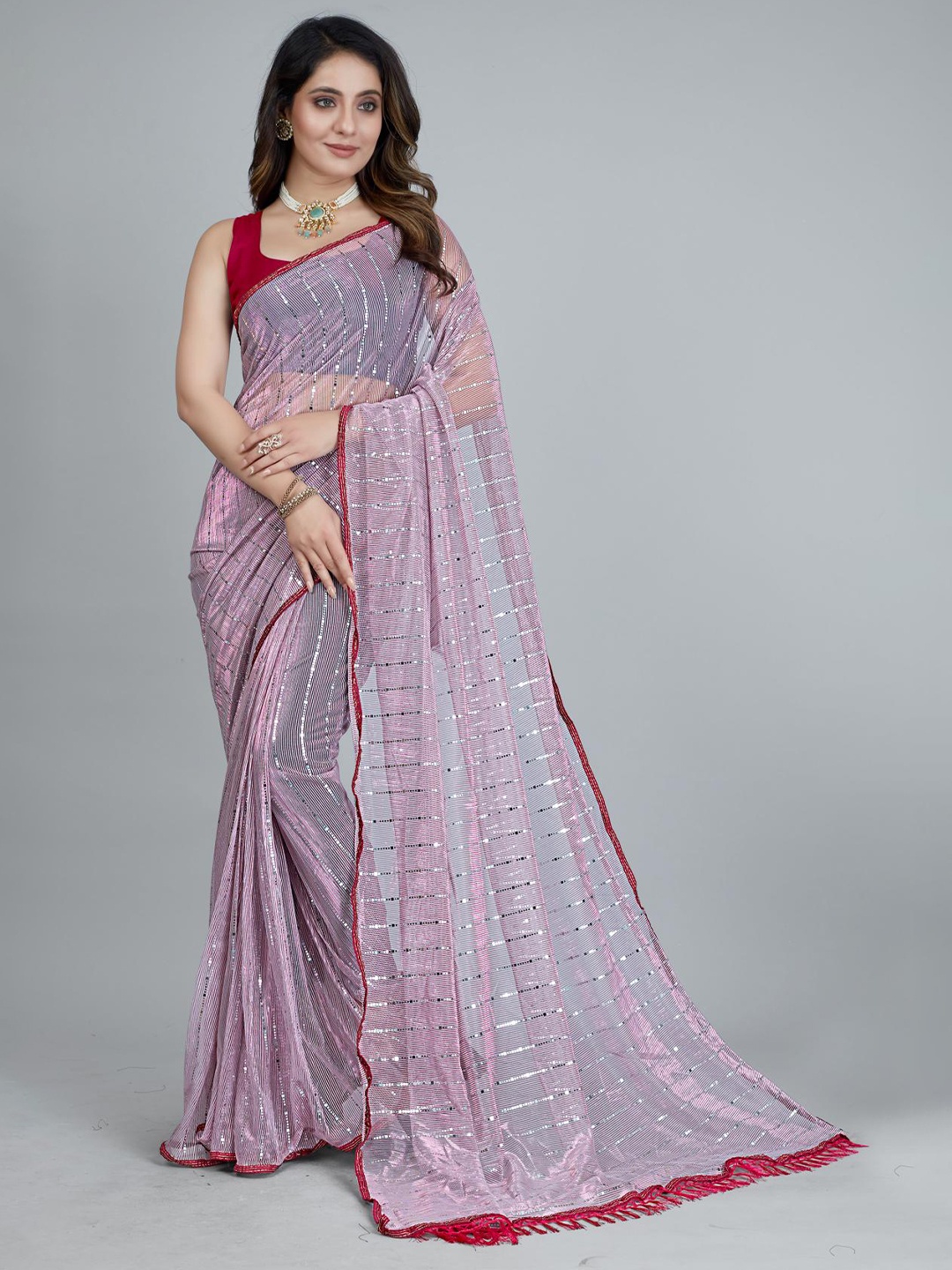 

NIKCHI HUB Striped Sequinned Art Silk Tussar Saree, Magenta