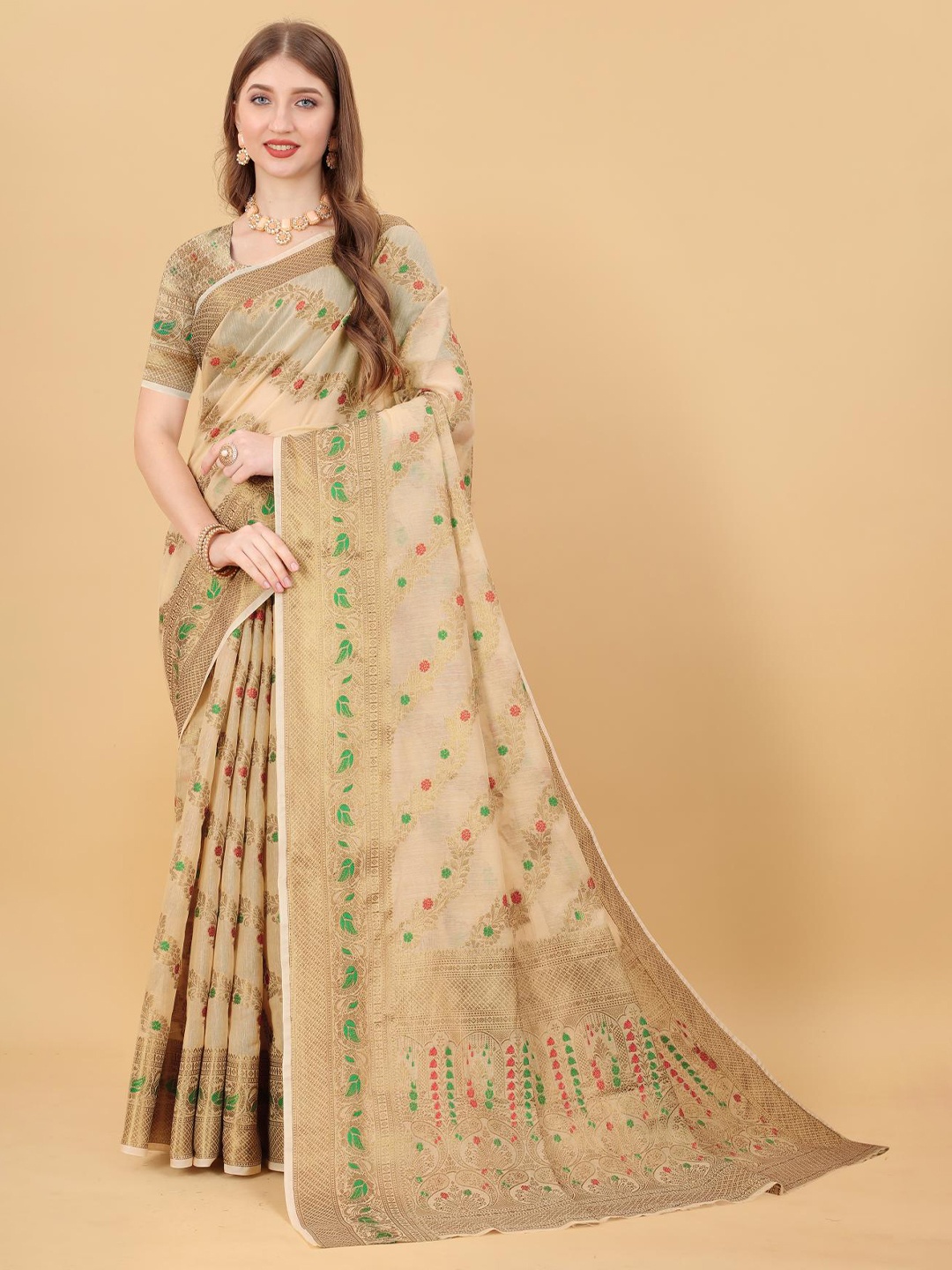 

NIKCHI HUB Woven Design Zari Art Silk Tussar Saree, Cream
