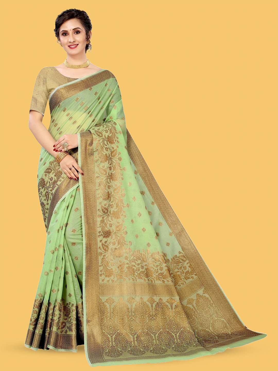 

NIKCHI HUB Ethnic Motifs Woven Design Zari Silk Cotton Tussar Saree, Green