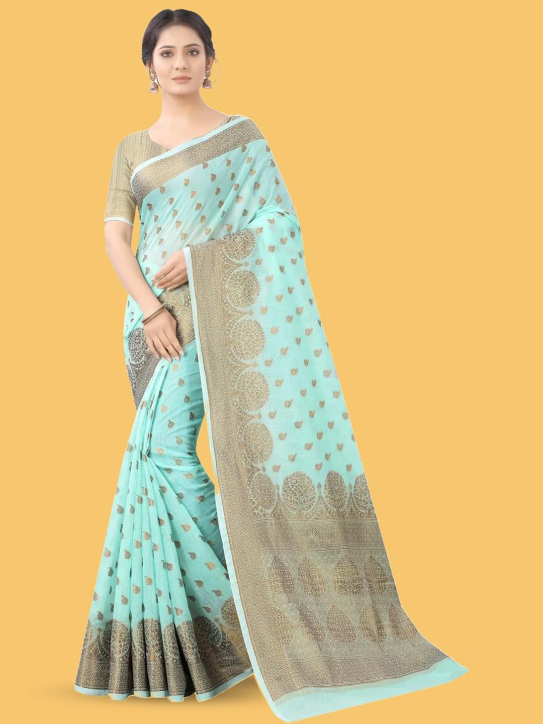 

NIKCHI HUB Ethnic Motifs Woven Design Zari Silk Cotton Tussar Saree, Turquoise blue