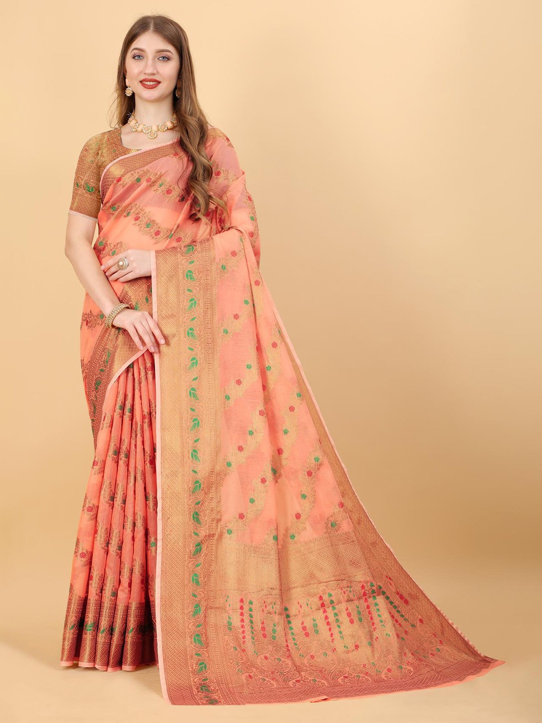 

NIKCHI HUB Ethnic Motifs Woven Design Zari Silk Cotton Tussar Saree, Orange