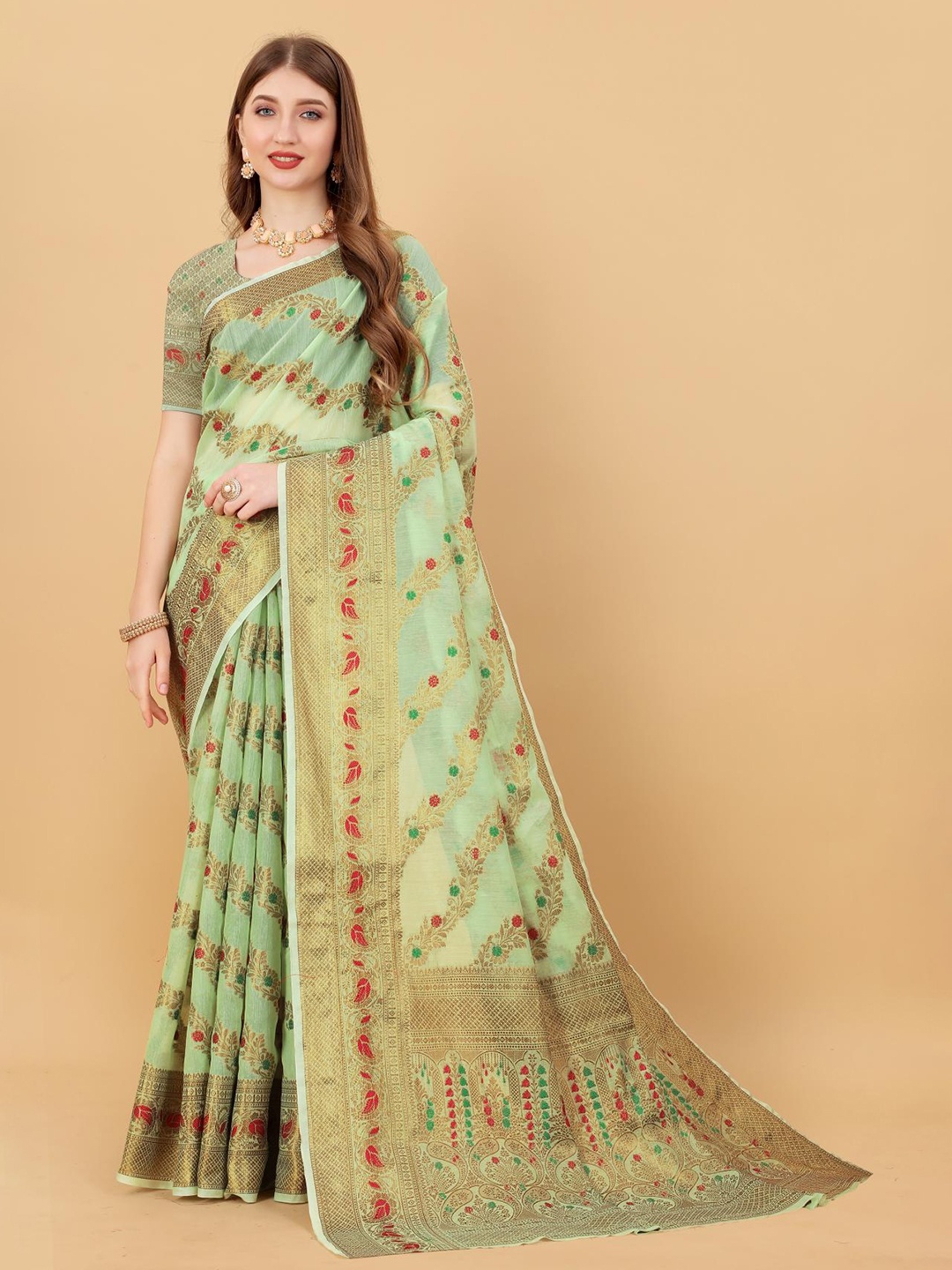 

NIKCHI HUB Ethnic Motifs Woven Design Zari Silk Cotton Tussar Saree, Grey melange