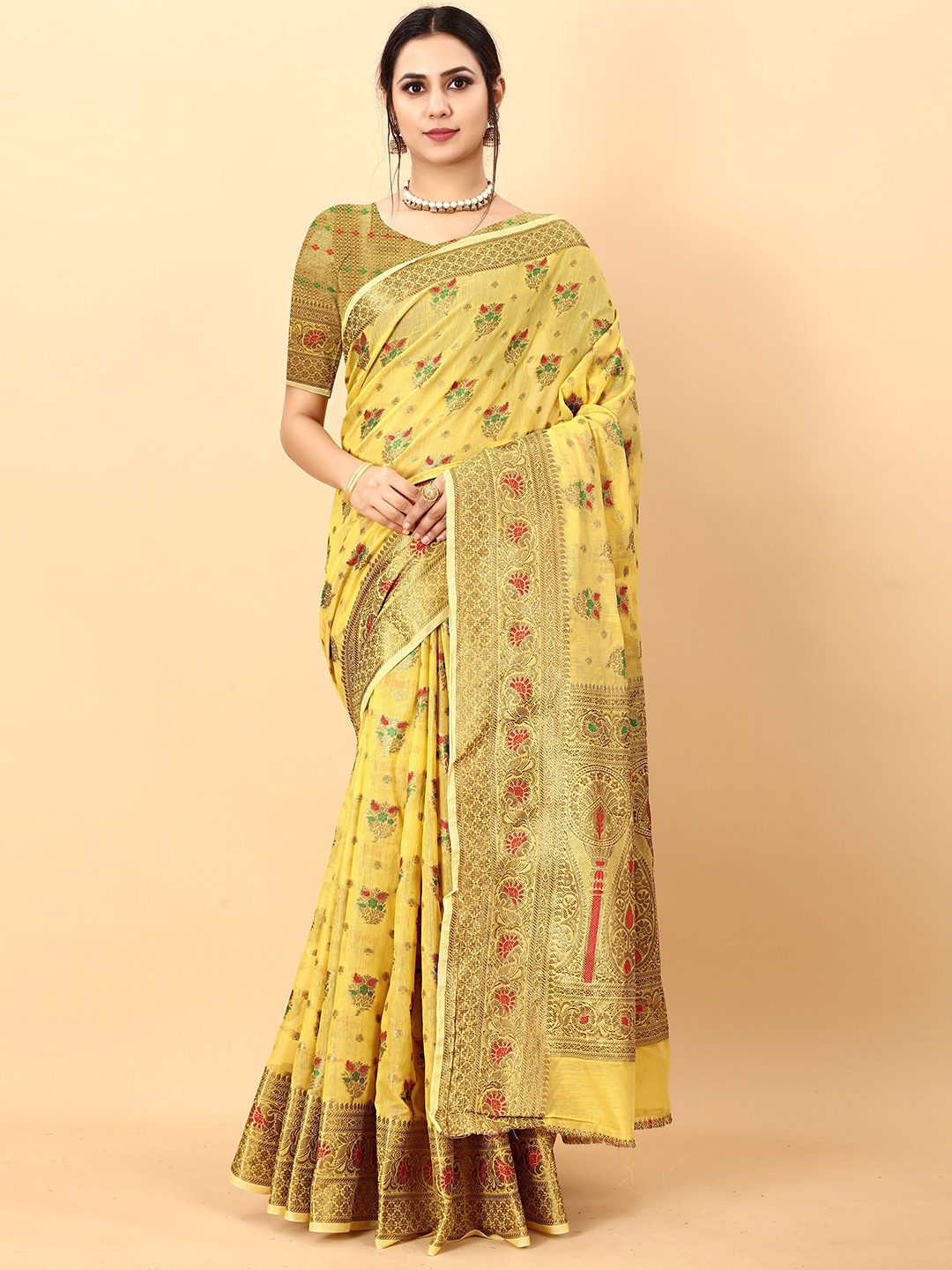 

NIKCHI HUB Ethnic Motifs Woven Design Zari Silk Cotton Tussar Saree, Yellow