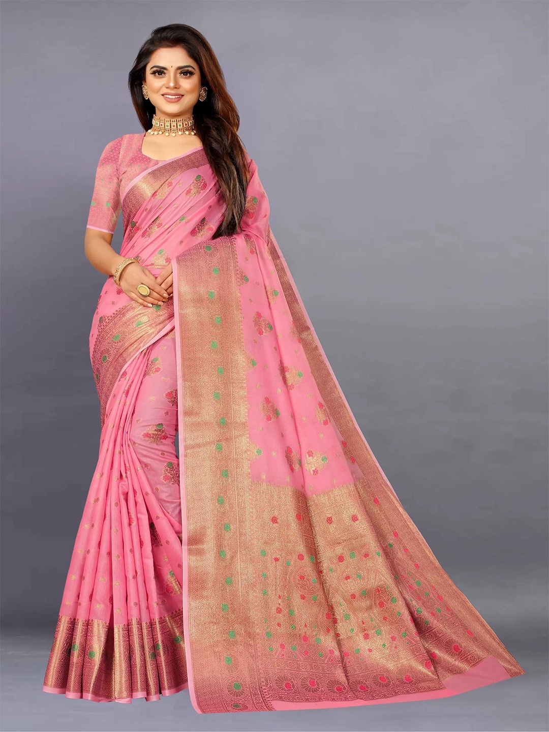 

NIKCHI HUB Ethnic Motifs Woven Design Zari Silk Cotton Tussar Saree, Pink