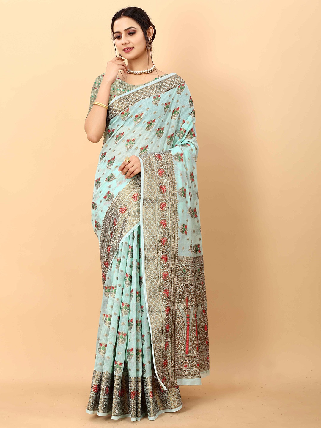 

NIKCHI HUB Ethnic Motifs Woven Design Zari Silk Cotton Tussar Saree, Turquoise blue