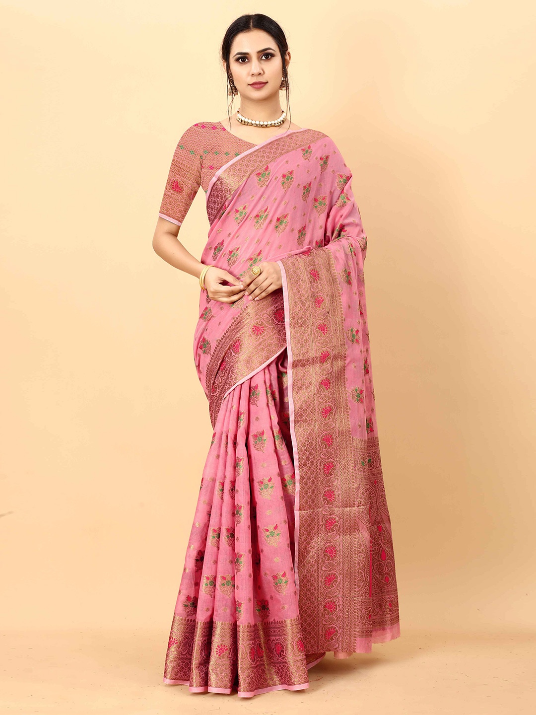 

NIKCHI HUB Ethnic Motifs Woven Design Zari Silk Cotton Tussar Saree, Pink