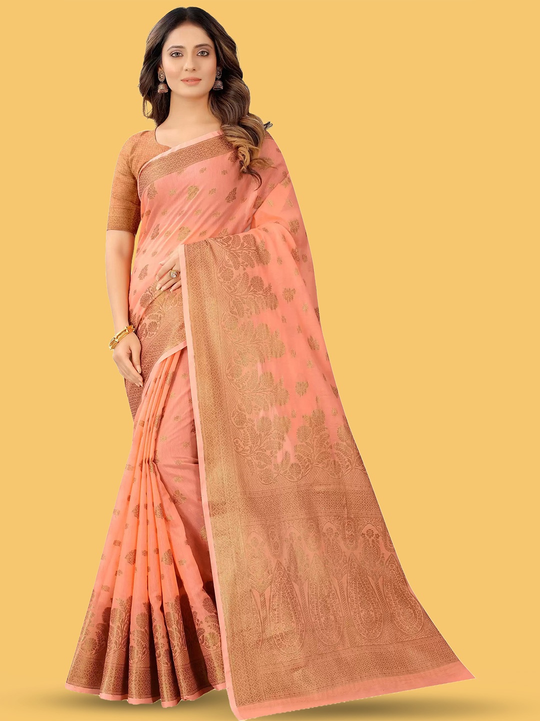

NIKCHI HUB Ethnic Motifs Woven Design Zari Silk Cotton Tussar Saree, Orange