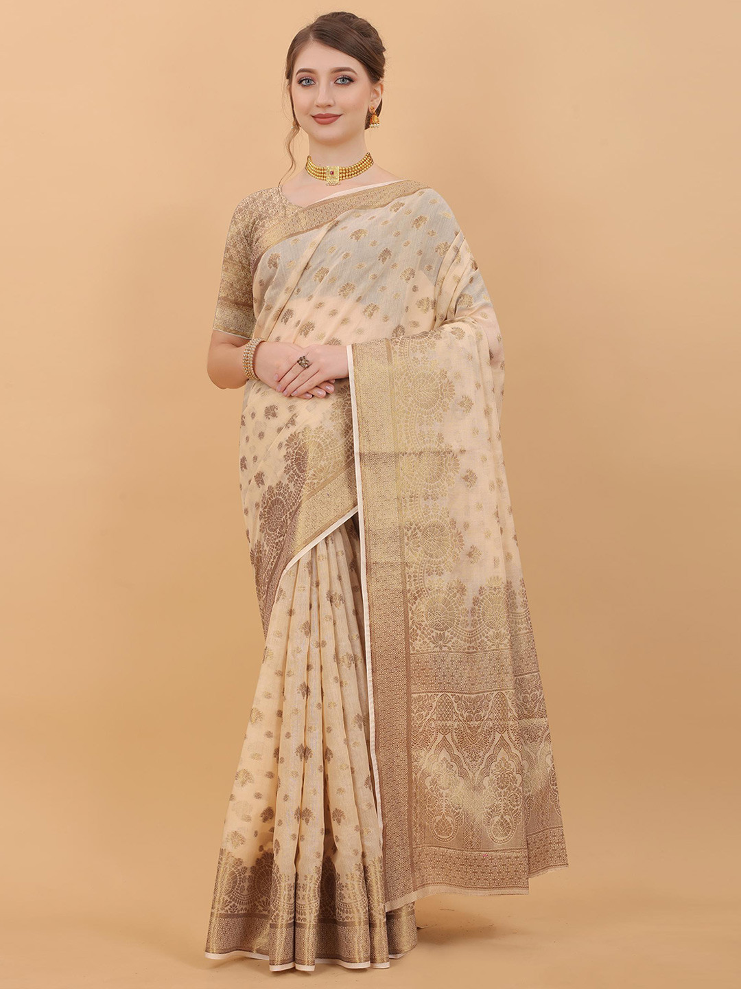 

NIKCHI HUB Woven Design Zari Art Silk Tussar Saree, Cream