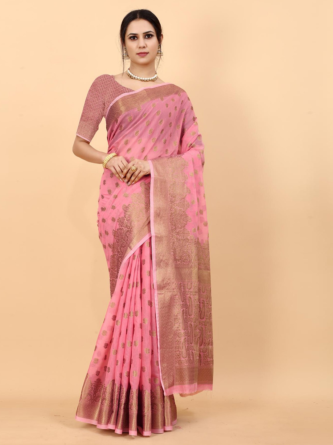 

NIKCHI HUB Ethnic Motifs Woven Design Zari Silk Cotton Tussar Saree, Pink