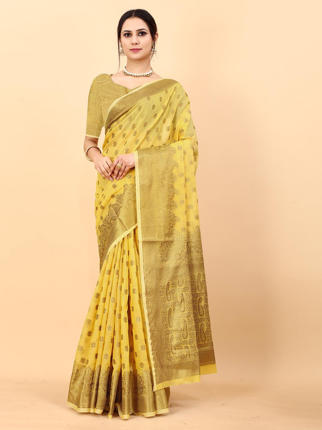 

NIKCHI HUB Ethnic Motifs Woven Design Zari Silk Cotton Tussar Saree, Yellow